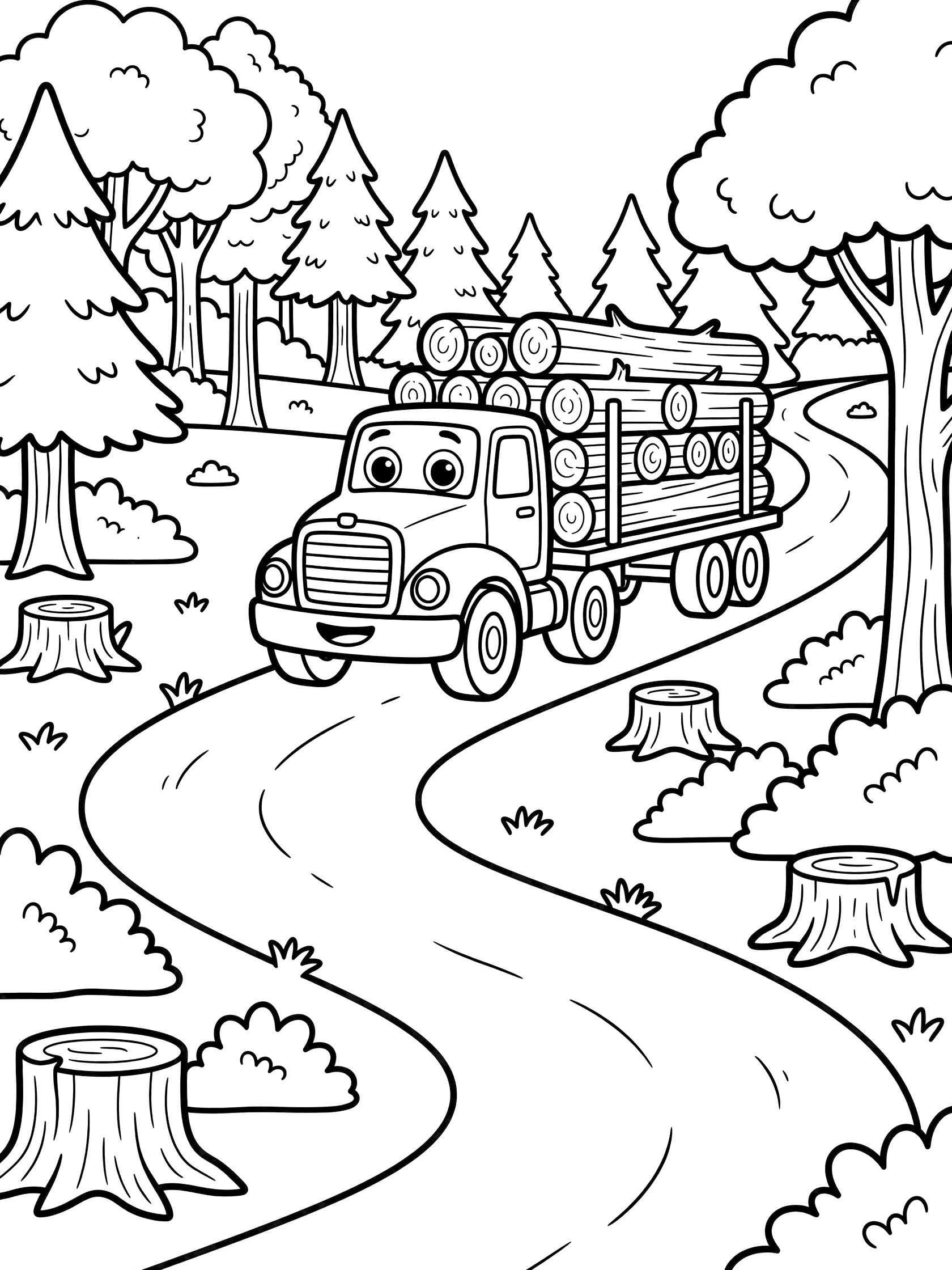 Cartoon semi truck with smiling face hauling large round logs on a flatbed trailer along a curvy dirt road in the woods, surrounded by pine trees, bushes, and stumps.