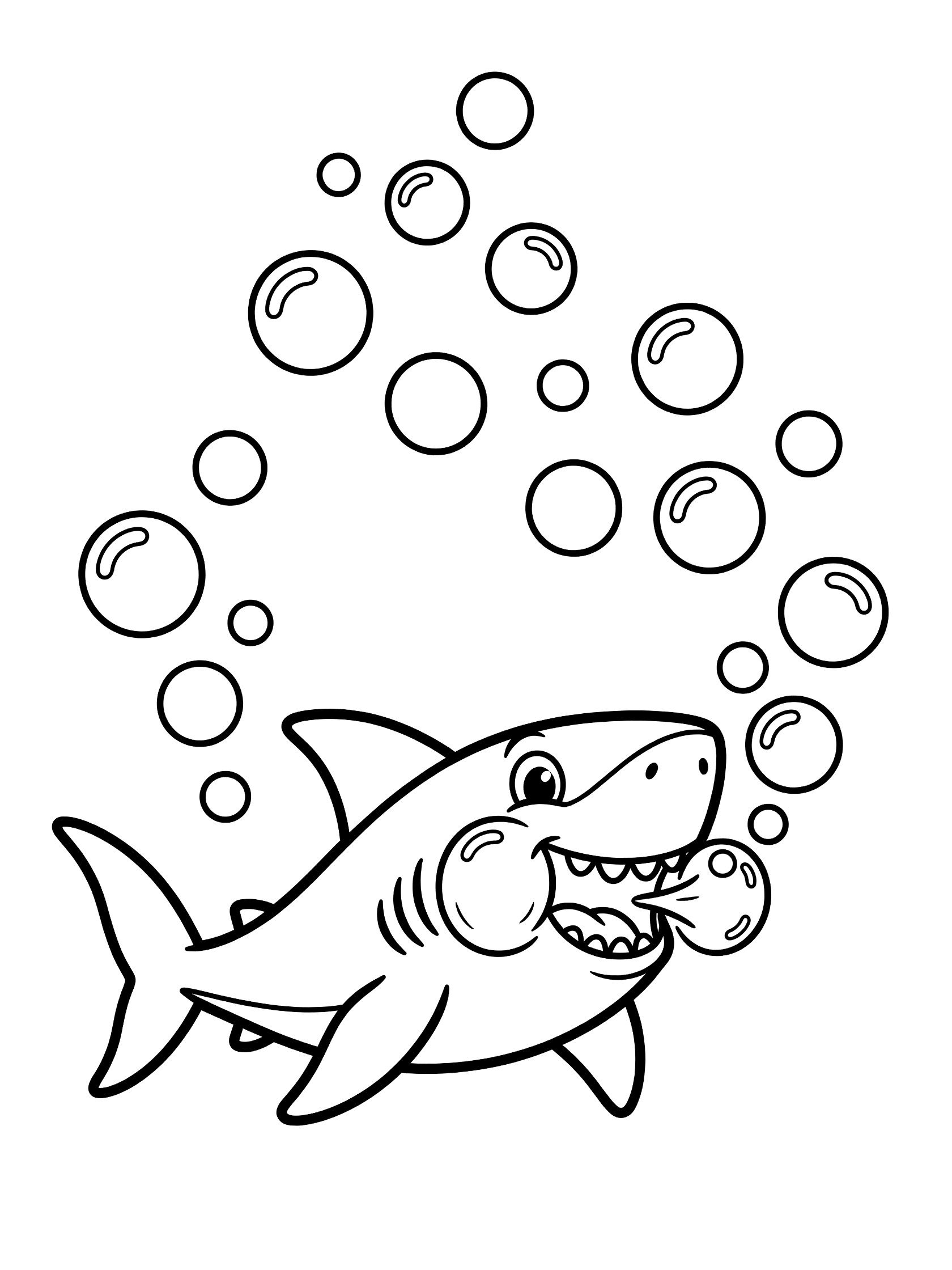 Black and white line art coloring page showing a cute shark with puffed cheeks blowing a stream of round bubbles rising up, happy eyes and big smile.