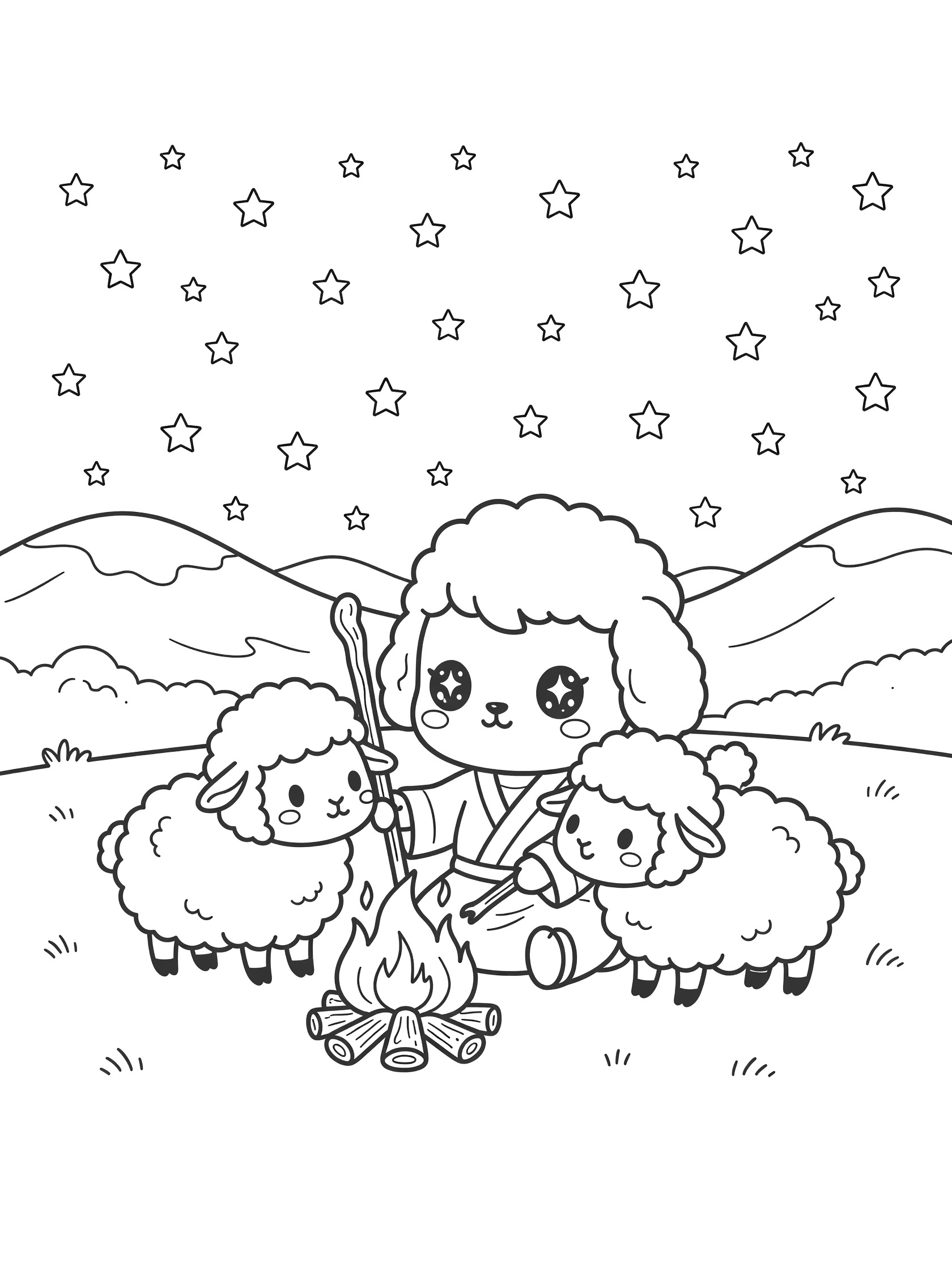 Black and white coloring page of a kawaii shepherd with big eyes holding a staff, poking a campfire, with two adorable sheep cuddling nearby on a starry night with hills.