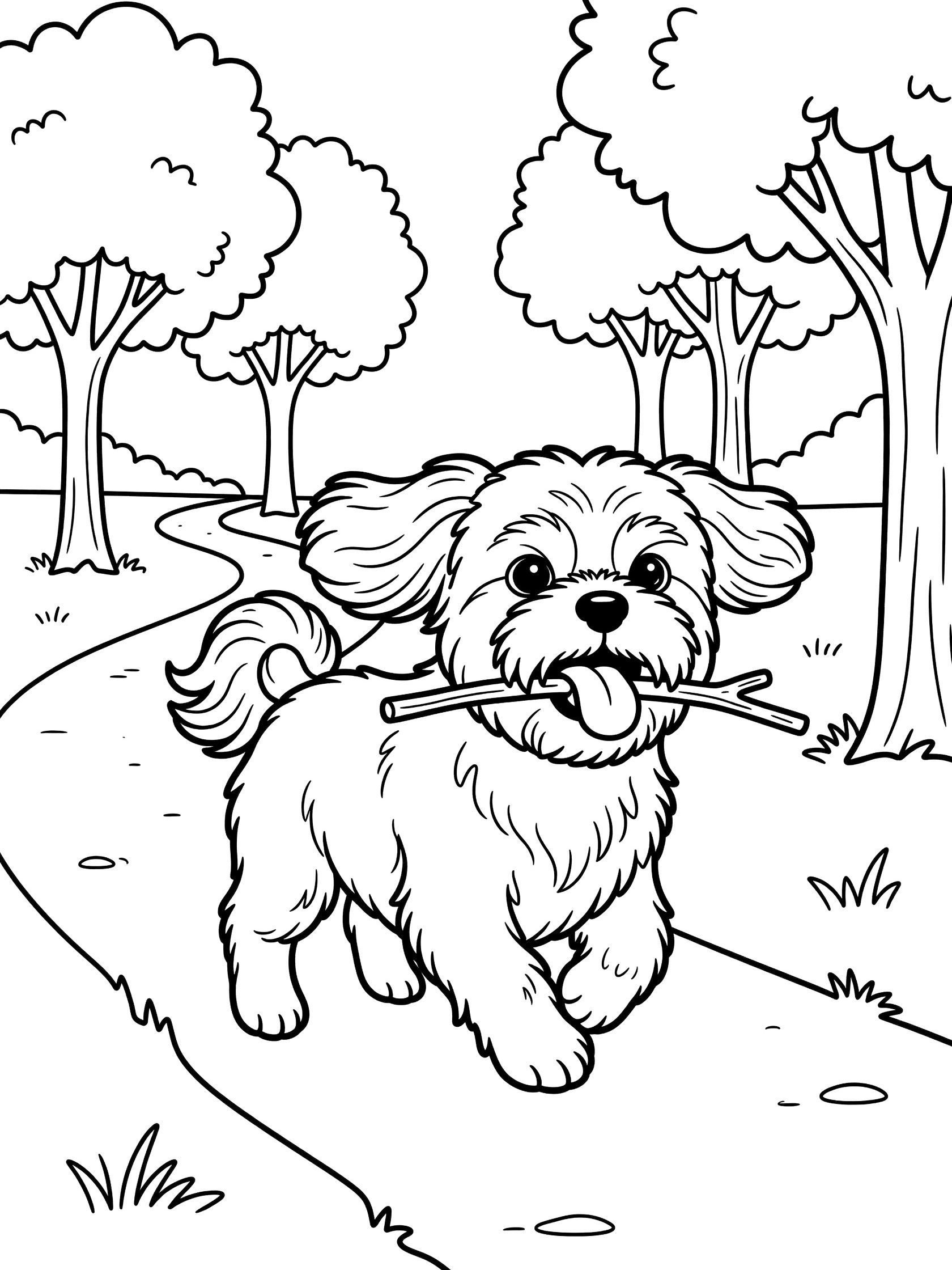 Black and white line art coloring page showing a Shih Tzu puppy carrying a stick, running on a park path with trees and grass