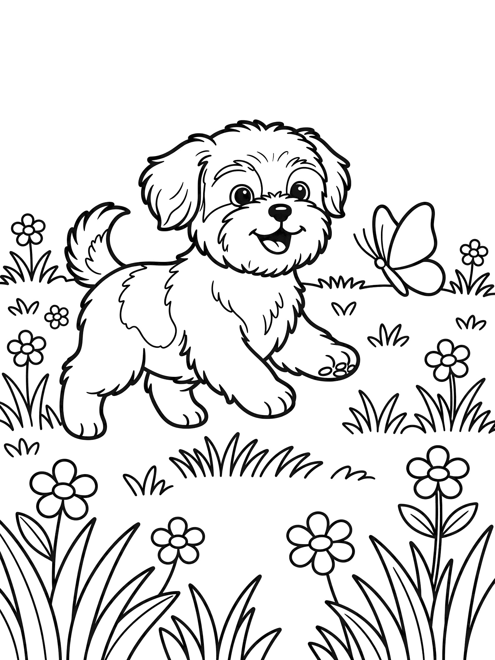 Shih Tzu puppy with fluffy fur and perky ears chasing a butterfly amid simple grass and flowers, coloring book style line art.