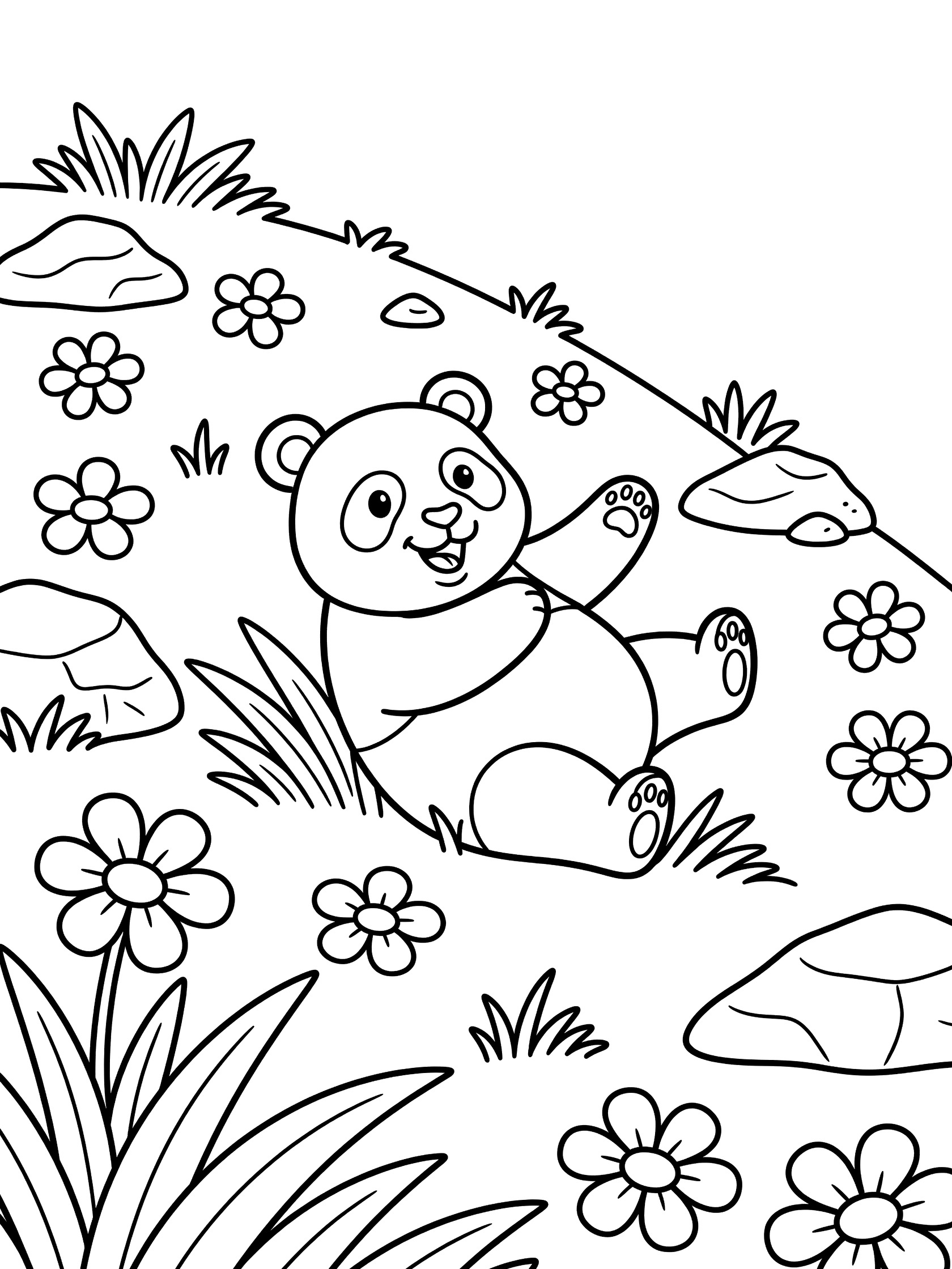 Black and white line art coloring page showing a cute panda sitting and waving on a grassy hill with scattered flowers and rocks.