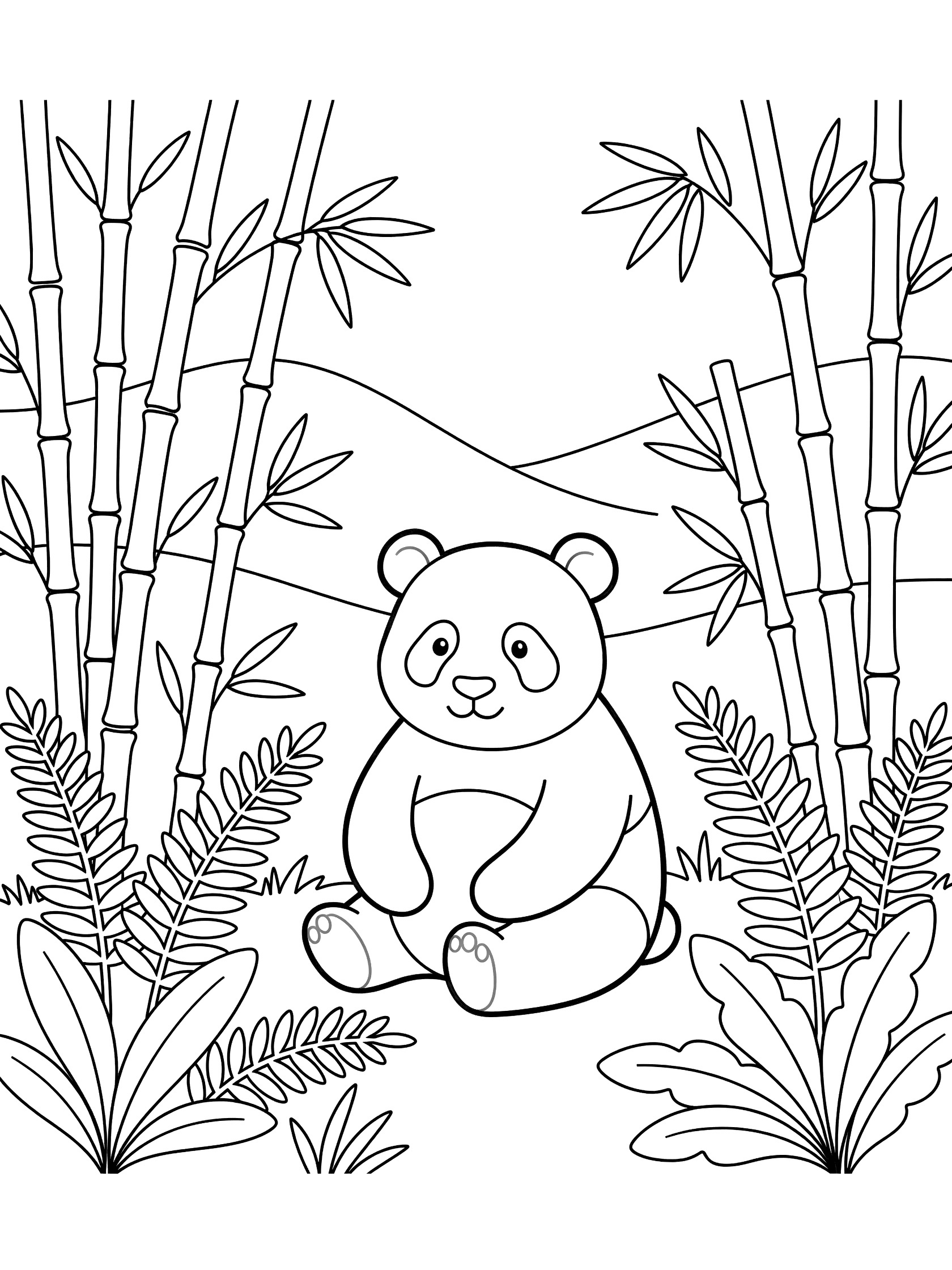 Black and white line art coloring page showing a cute panda sitting cross-legged surrounded by tall bamboo stalks, ferns, and distant hills.