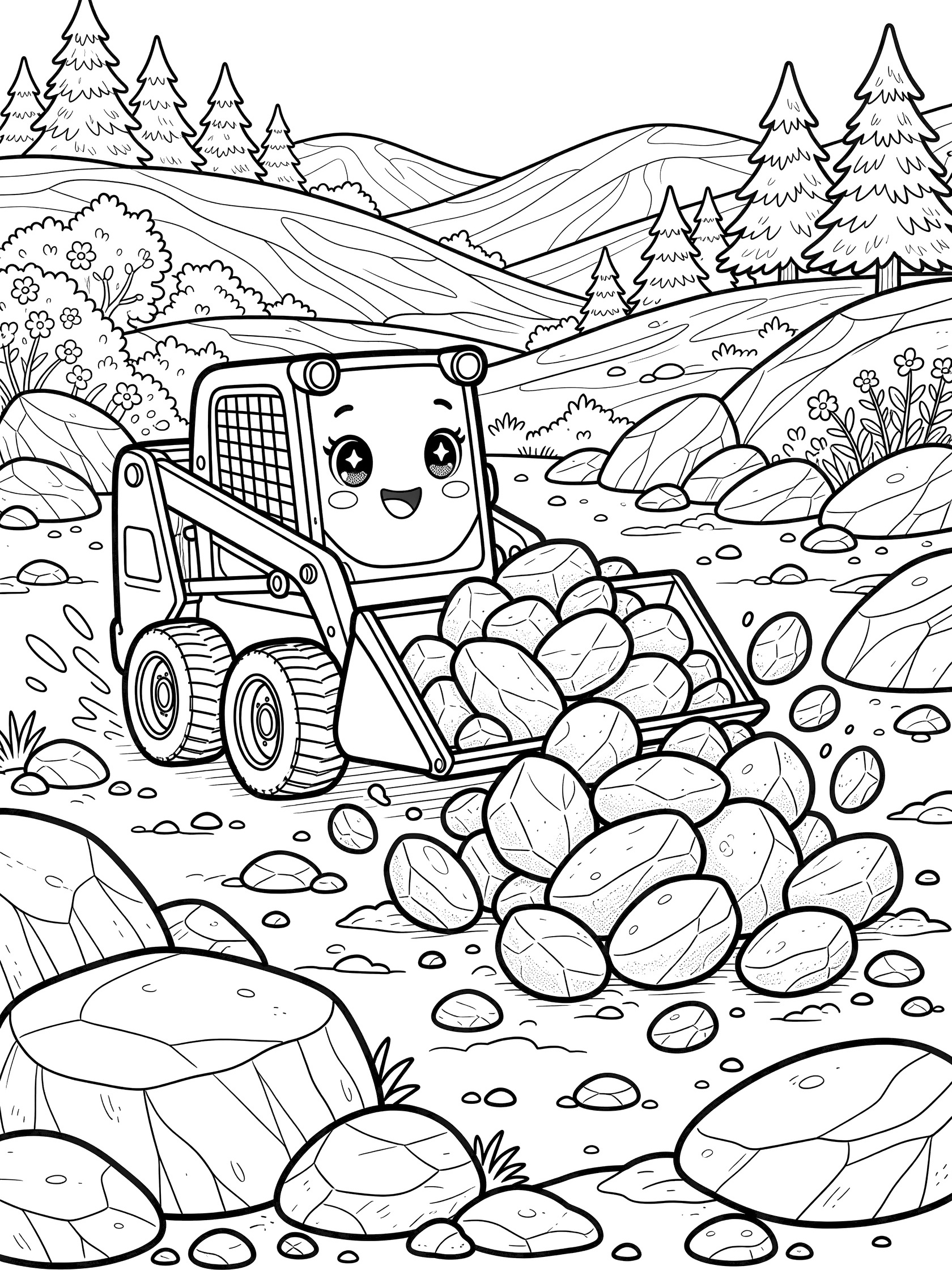 Kawaii skid steer loader with big eyes and happy smile dumping rocks from overflowing bucket in rocky construction yard coloring page