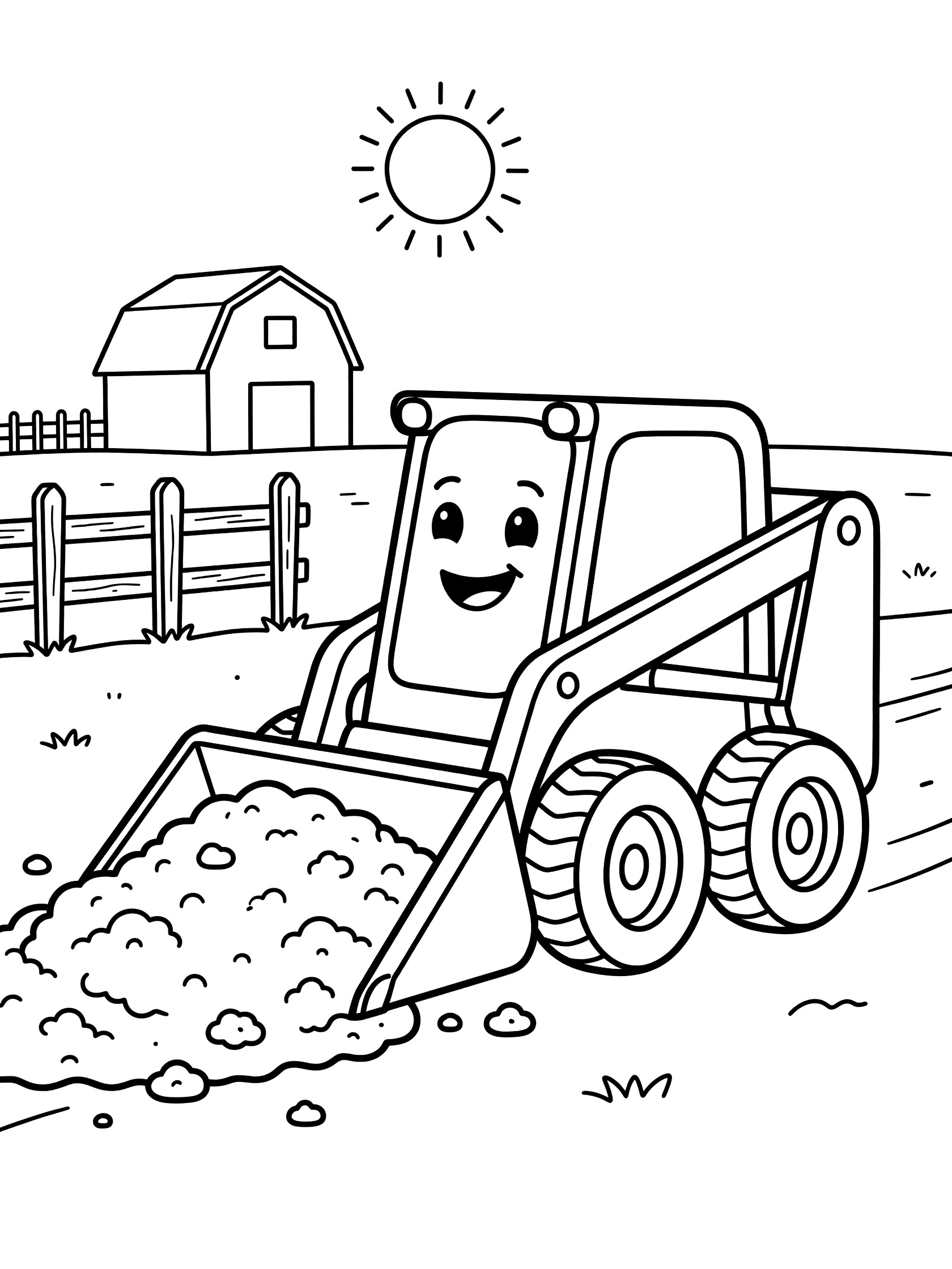 Whimsical line art coloring page showing a cute skid steer with happy eyes and smile, oversized wheels, front bucket full of soil, wooden fence, barn, and sunny sky.