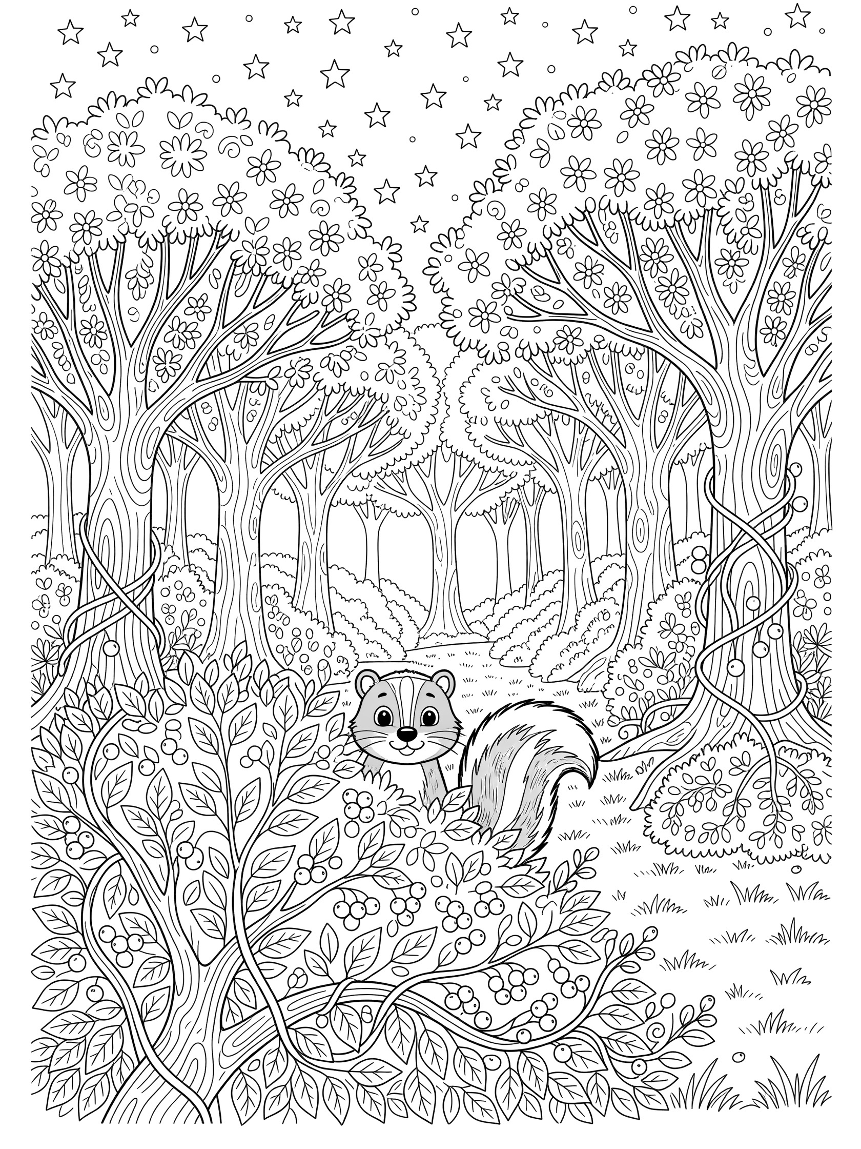 Printable coloring book page featuring a cute skunk with big eyes peeking out from a bush in a detailed magical forest with stars, trees, vines and berries