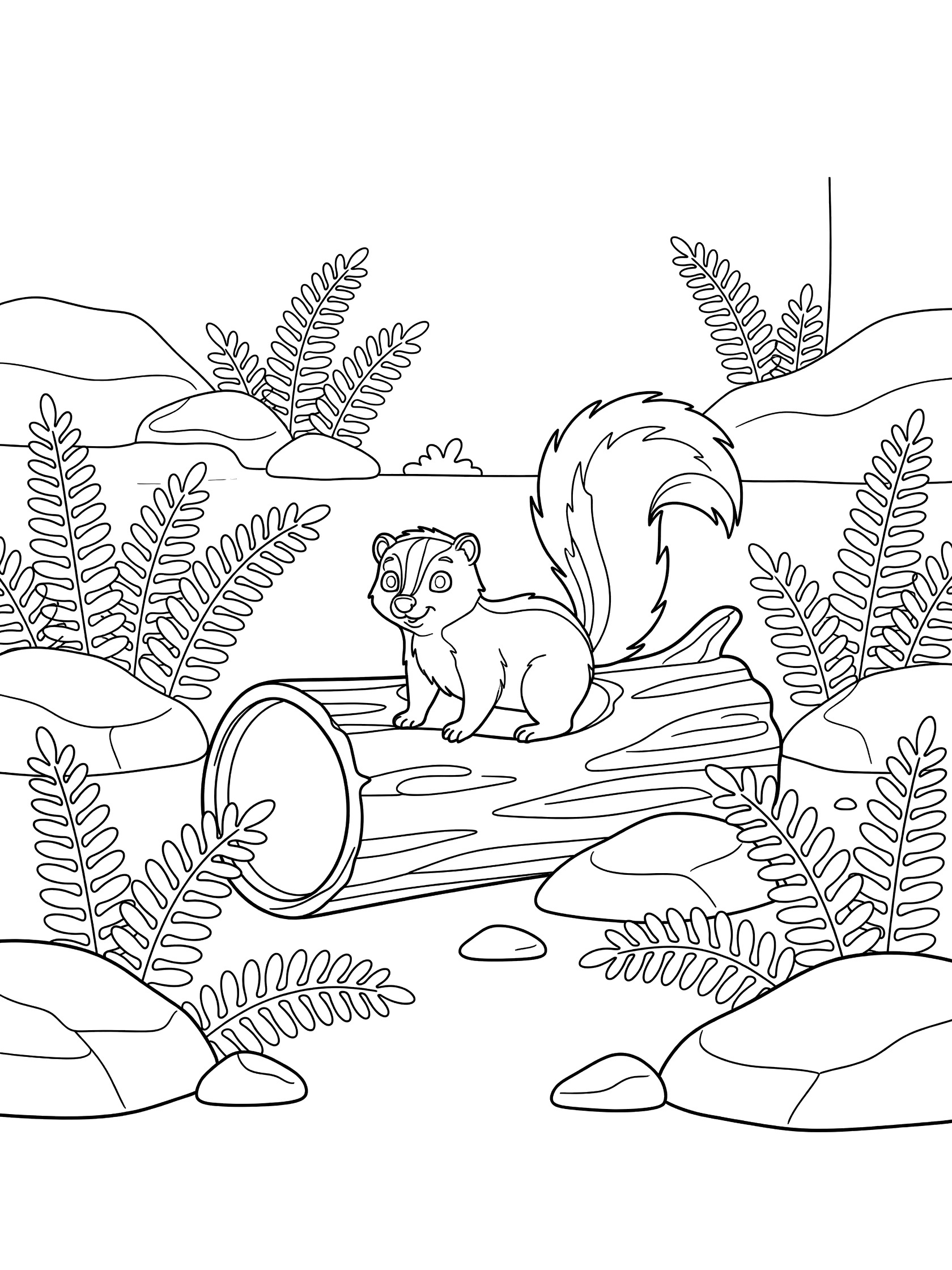 Black and white line art coloring page showing a skunk peeking curiously from a hollow log surrounded by ferns and rocks