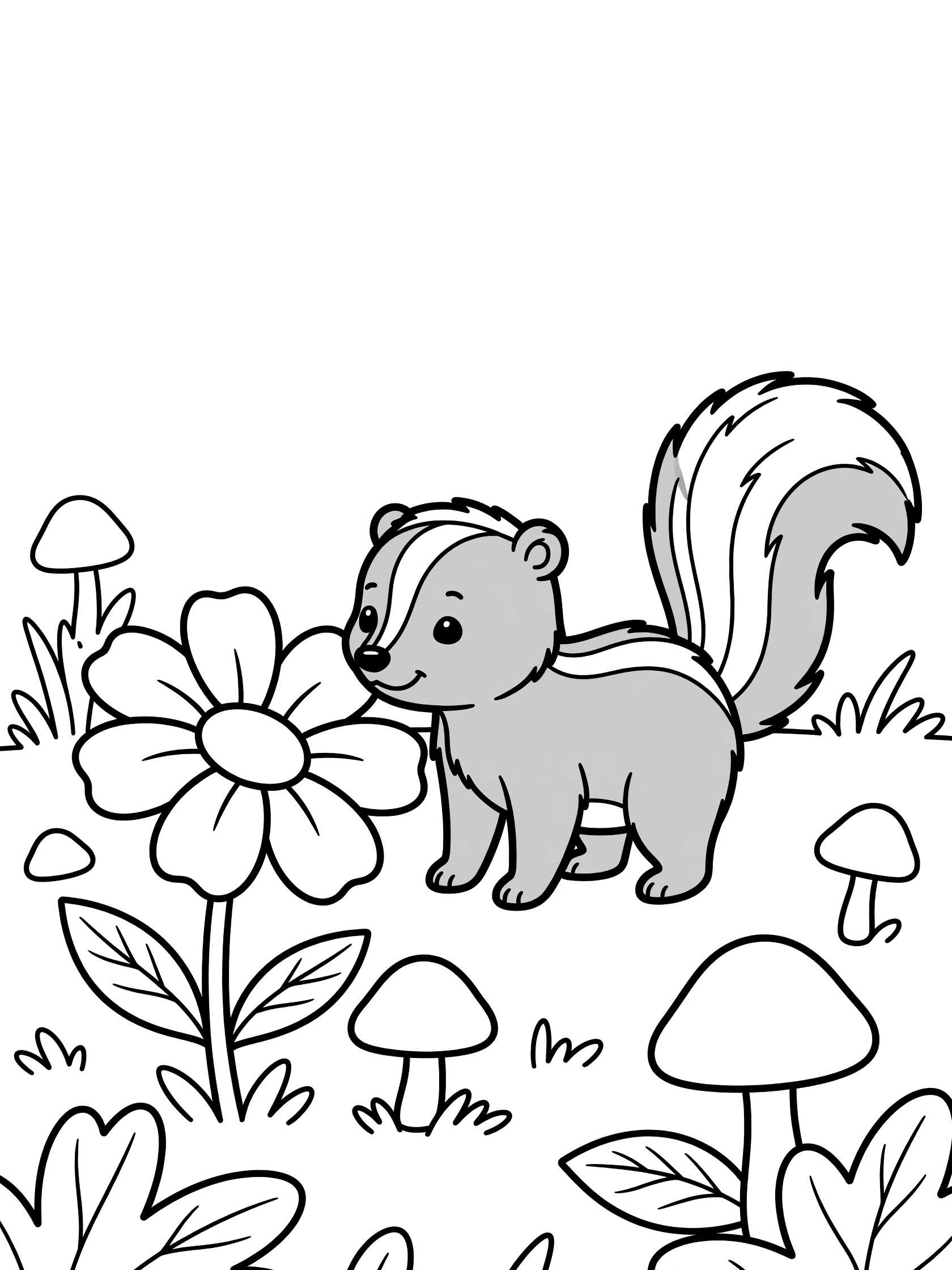 Black and white line art coloring page showing a cute skunk on all fours sniffing a large flower, with mushrooms and leaves nearby on white background.