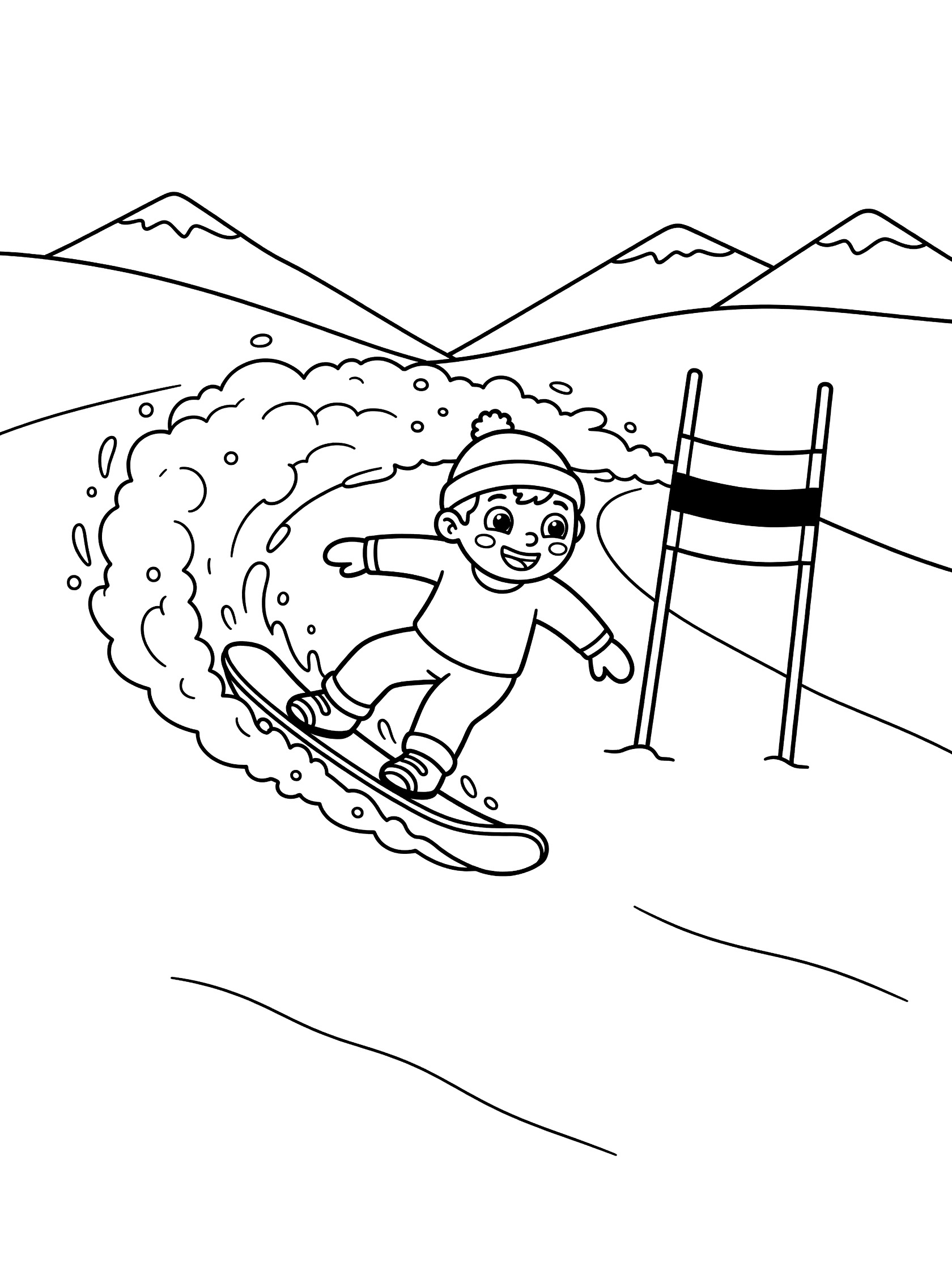 Black-and-white coloring page of a happy cartoon snowboarder in slalom turn with flying powder snow around a flagged gate and mountains in the background.