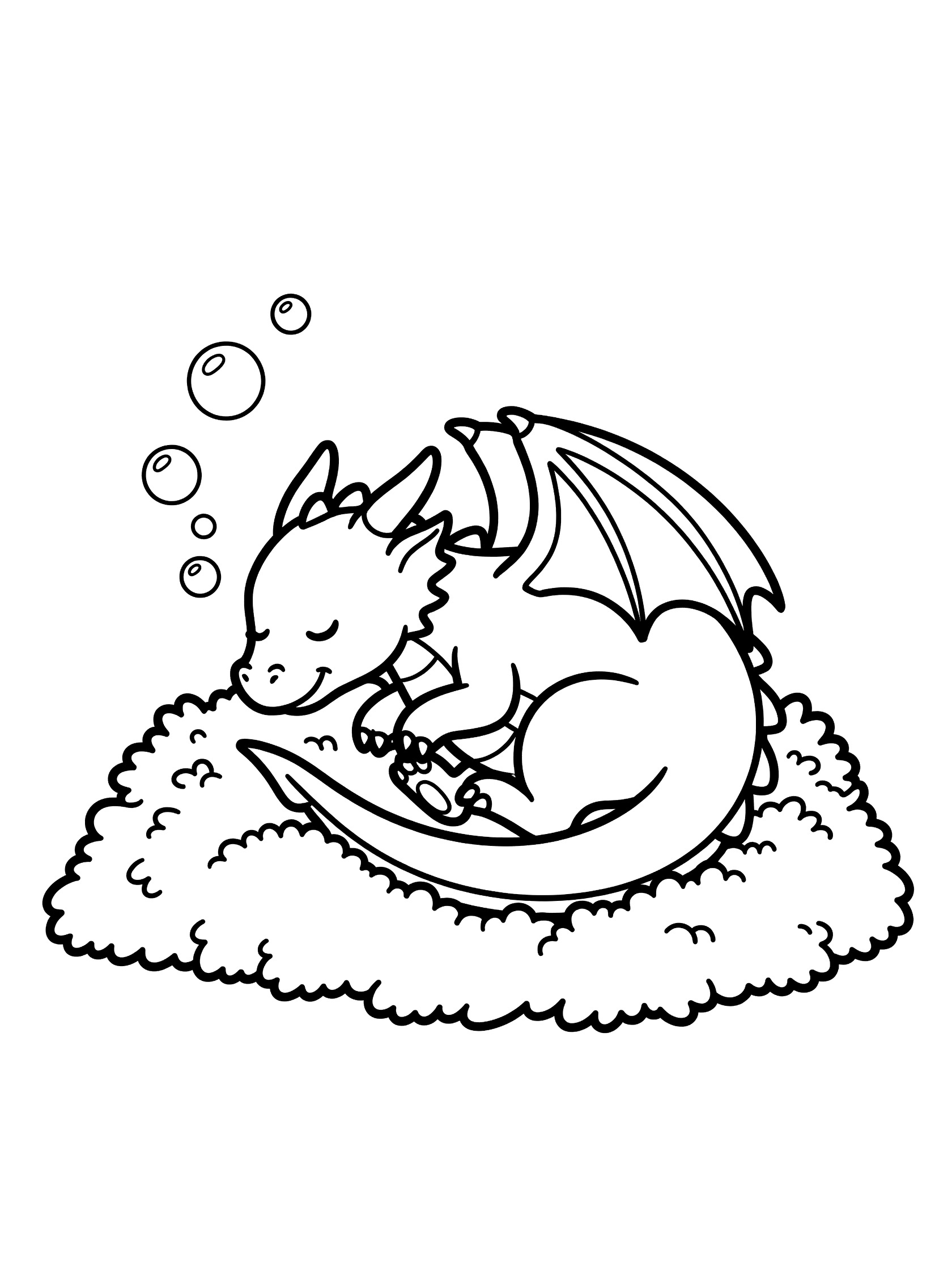 Black and white coloring page of a cute baby dragon curled asleep on moss bed with bubbles from nose. Game of Thrones Dragons themed black and white printable line art
