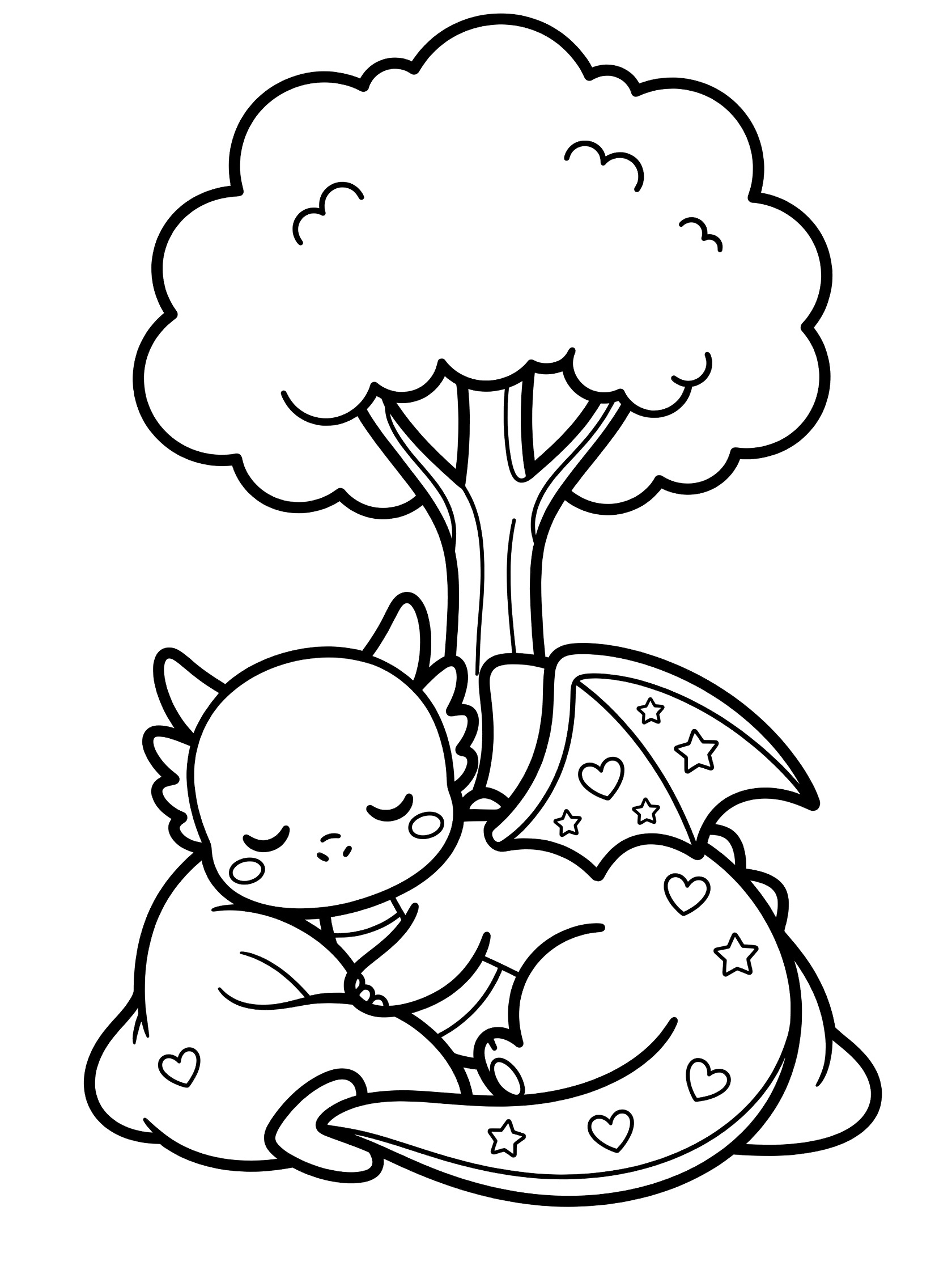 Black and white line art coloring page showing a kawaii dragon curled up sleeping beside a tree with heart and star shapes on its folded wings. Dragon Wings themed black and white printable line art