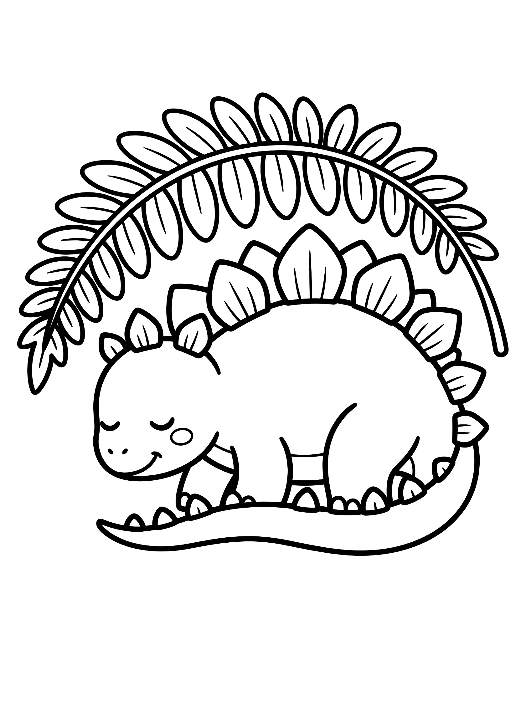 Black and white line art coloring page showing a cute Stegosaurus dinosaur curled up asleep with closed eyes and smiling face under a large fern frond, tail wrapped around body, plates on back.