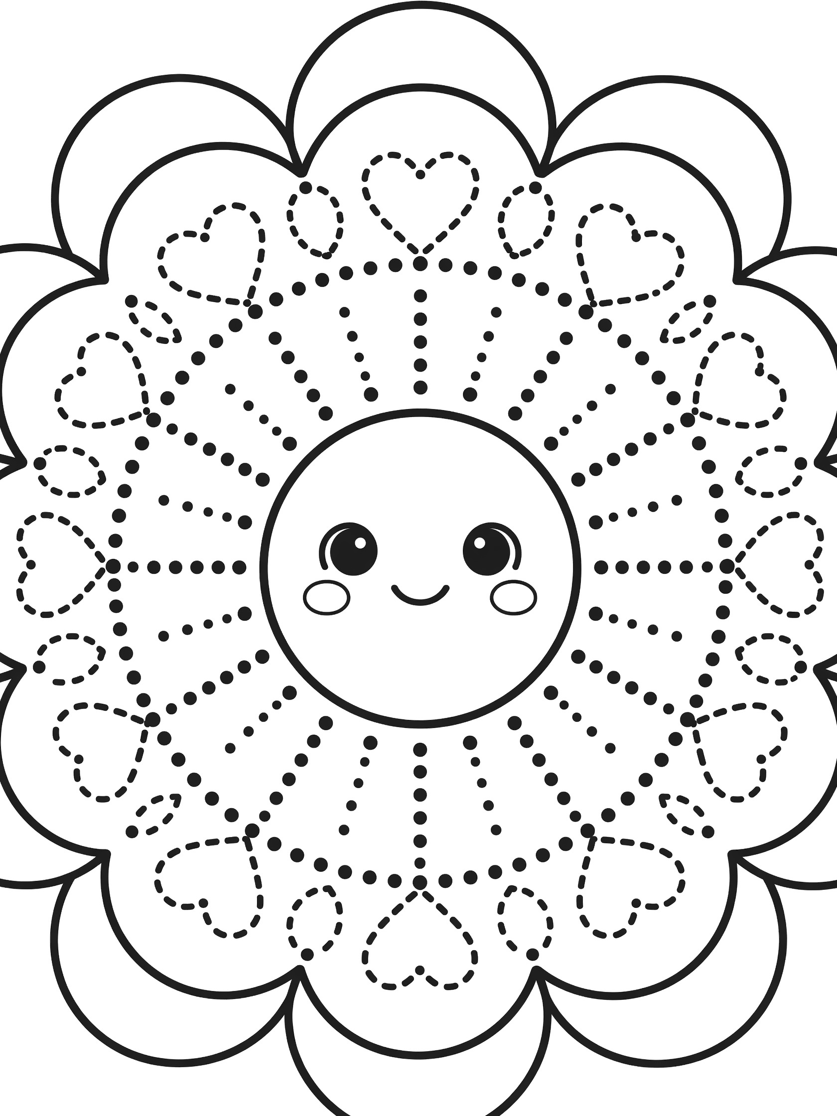 Black and white line art of a cute round smiley sun face mandala with big eyes, smiling mouth, radiating rays, dotted patterns, and surrounding heart outlines.