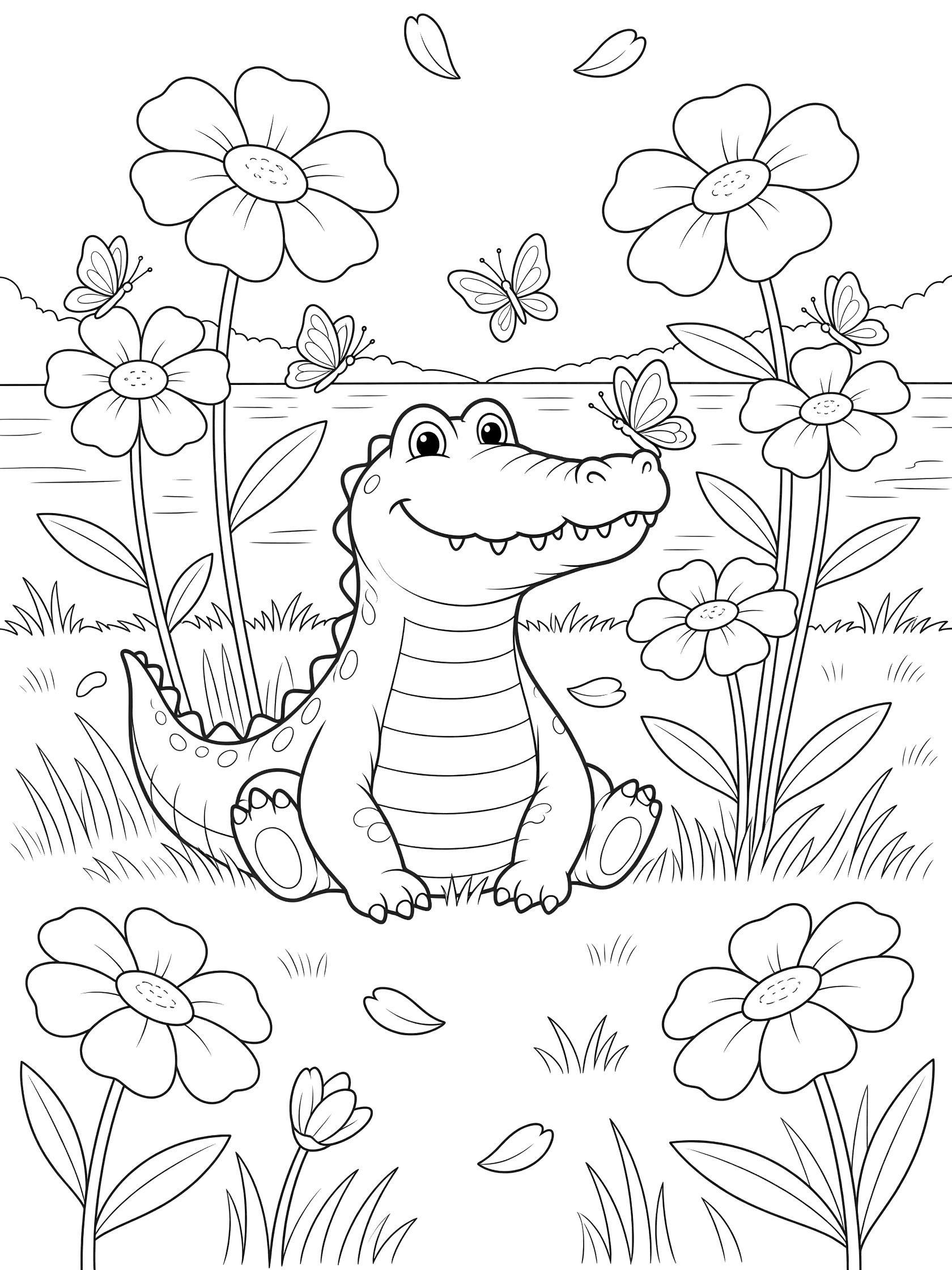 Black and white line art coloring page showing a smiling crocodile surrounded by large flowers, butterflies on its snout, petals, grass, and water in the background