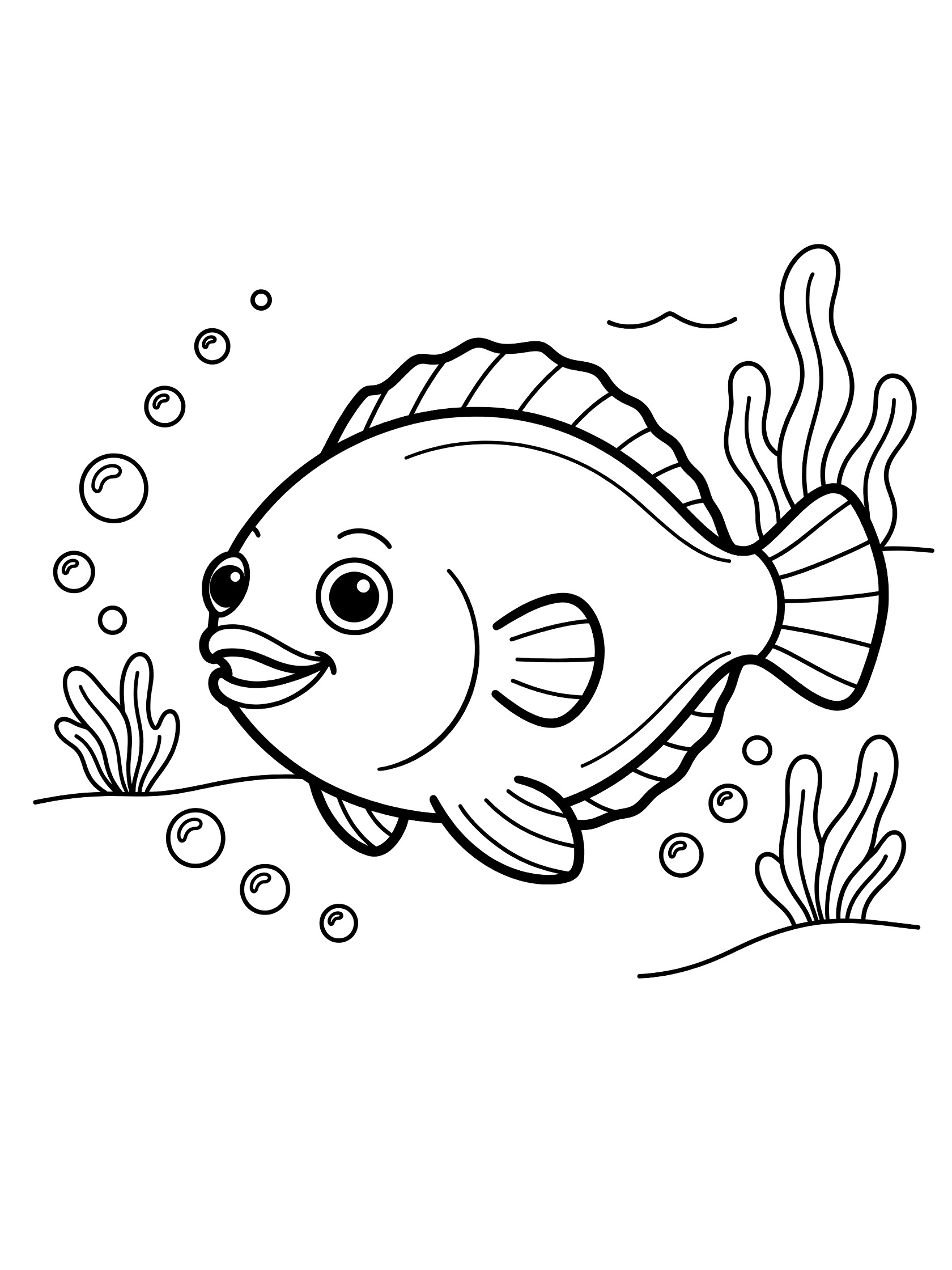 Black and white line art coloring page showing a cute smiling fish with big eyes, bubbles around it, and seaweed on the bottom. Flounder themed black and white printable line art