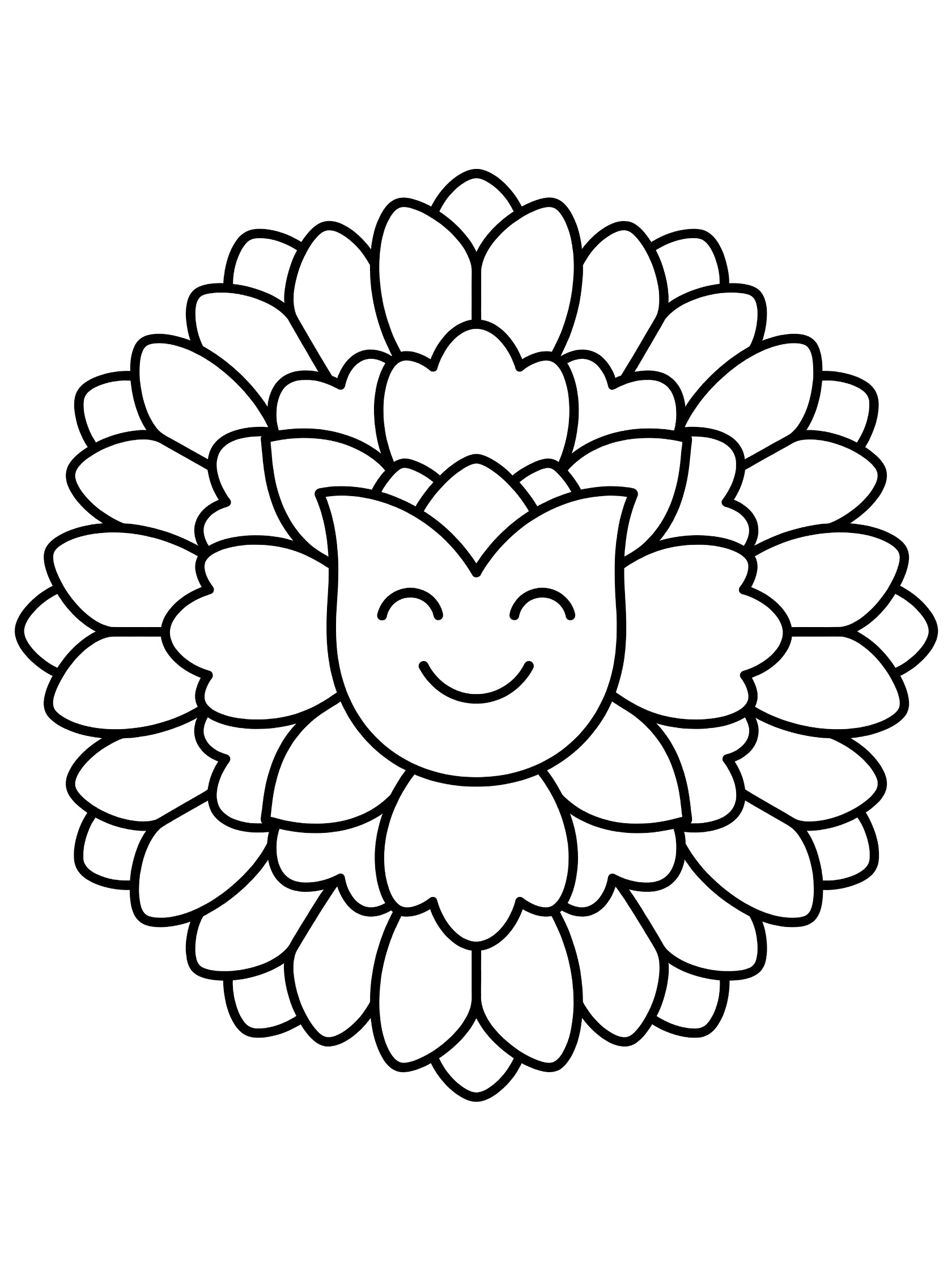 Printable coloring page featuring a happy flower mandala with a smiling face in the center and layered rounded petals, black line art on white background. Tulip Mandala themed black and white printable line art