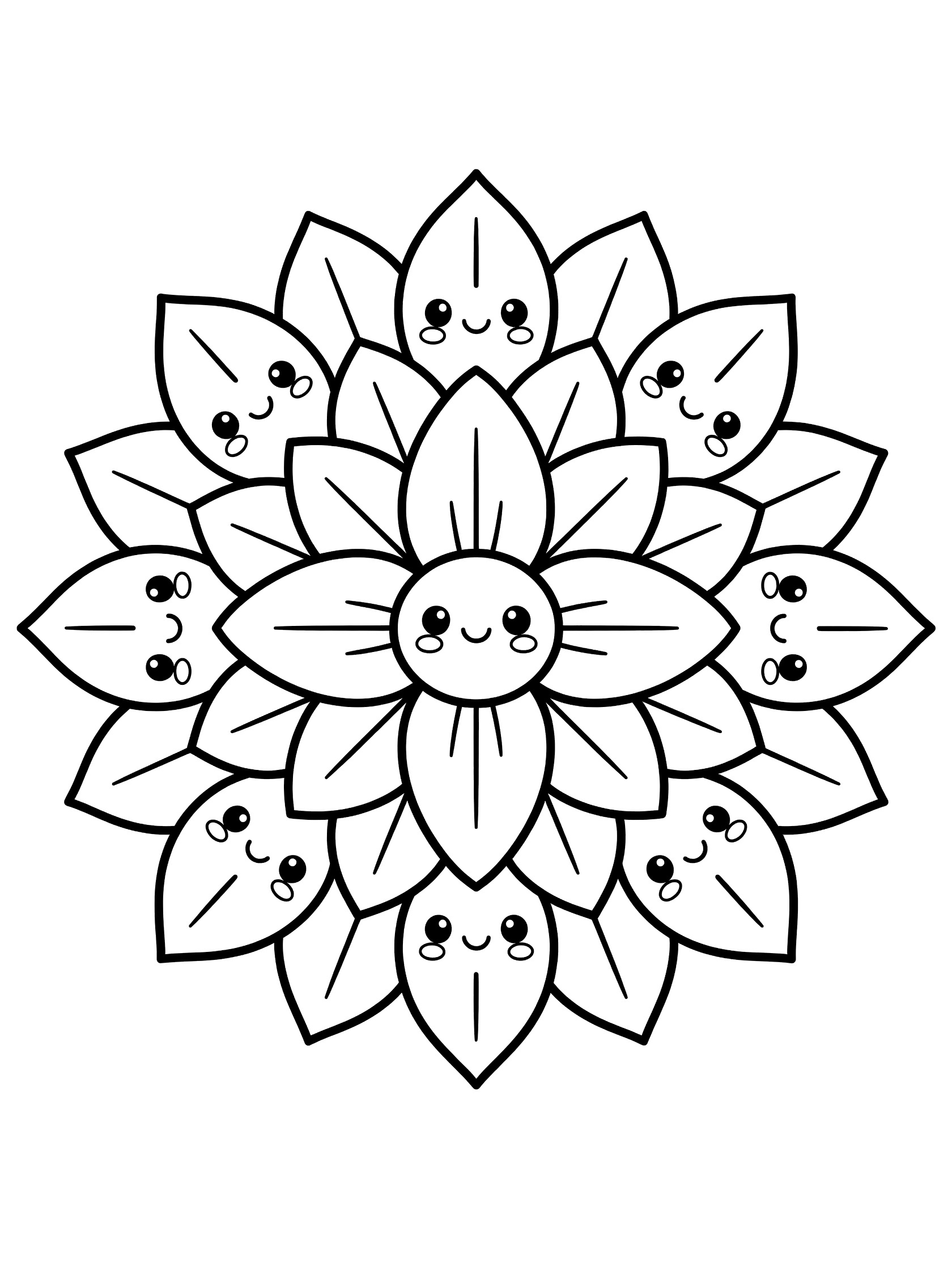 Black and white line art of a cute kawaii-style flower mandala with chubby smiling petals and leaf faces arranged in a symmetric circle on white background. Lily Mandala themed black and white printable line art