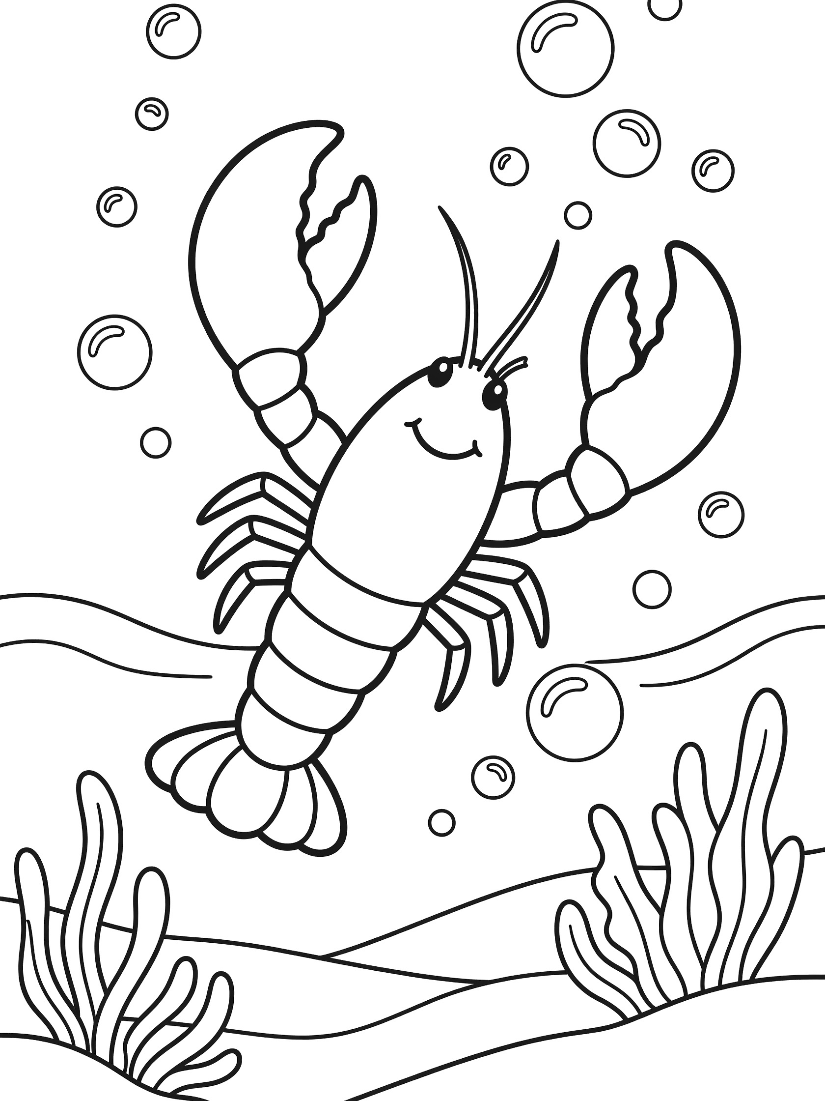 Black and white line art coloring page showing a cute smiling lobster with raised claws swimming in the ocean surrounded by bubbles, seaweed, and wavy ocean floor.