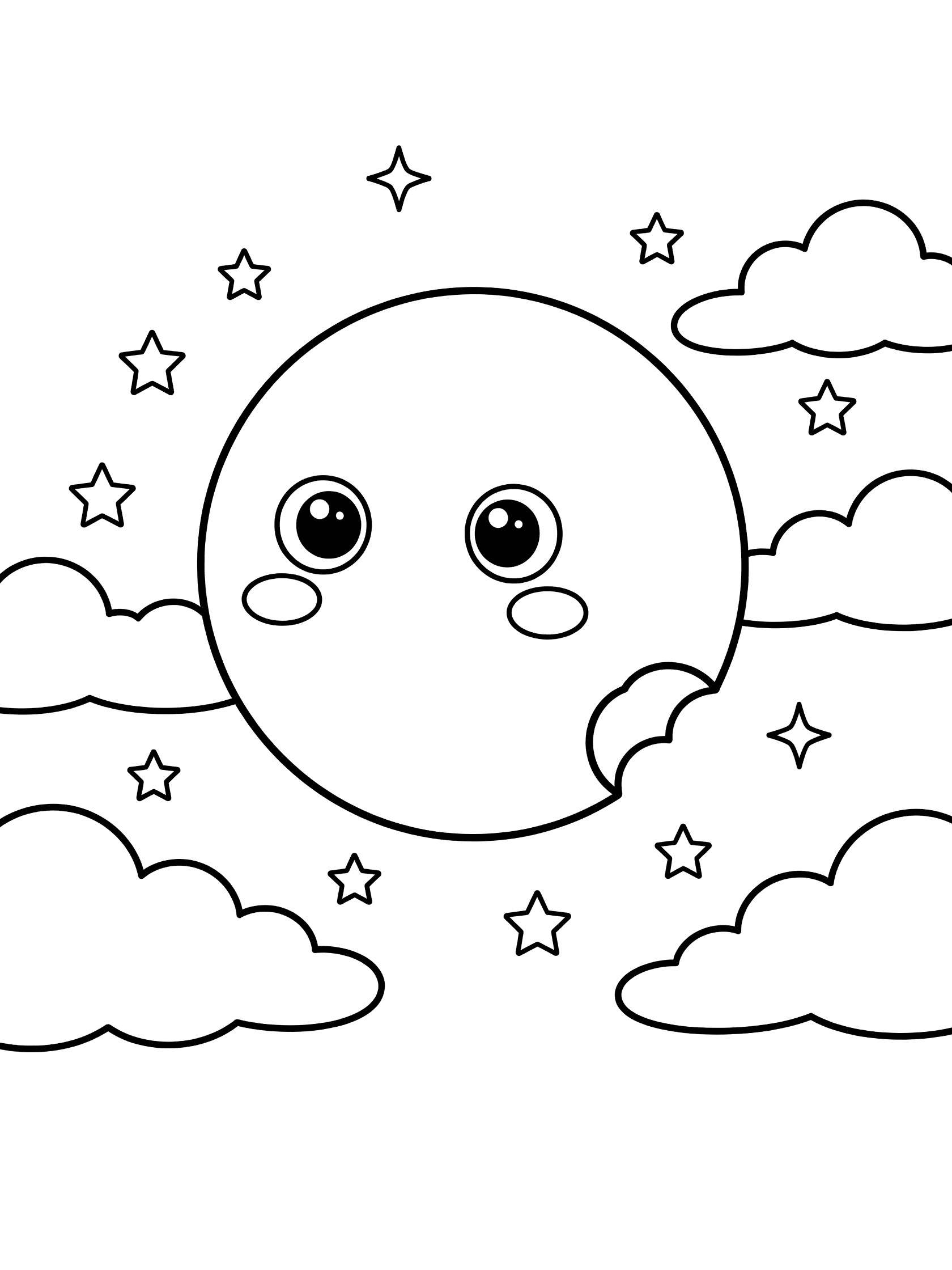 Black and white line art coloring page showing a round smiling moon with large eyes and rosy cheeks outline, a curved bite shape on one side, surrounded by simple stars and puffy clouds. Lunar Eclipse themed black and white printable line art