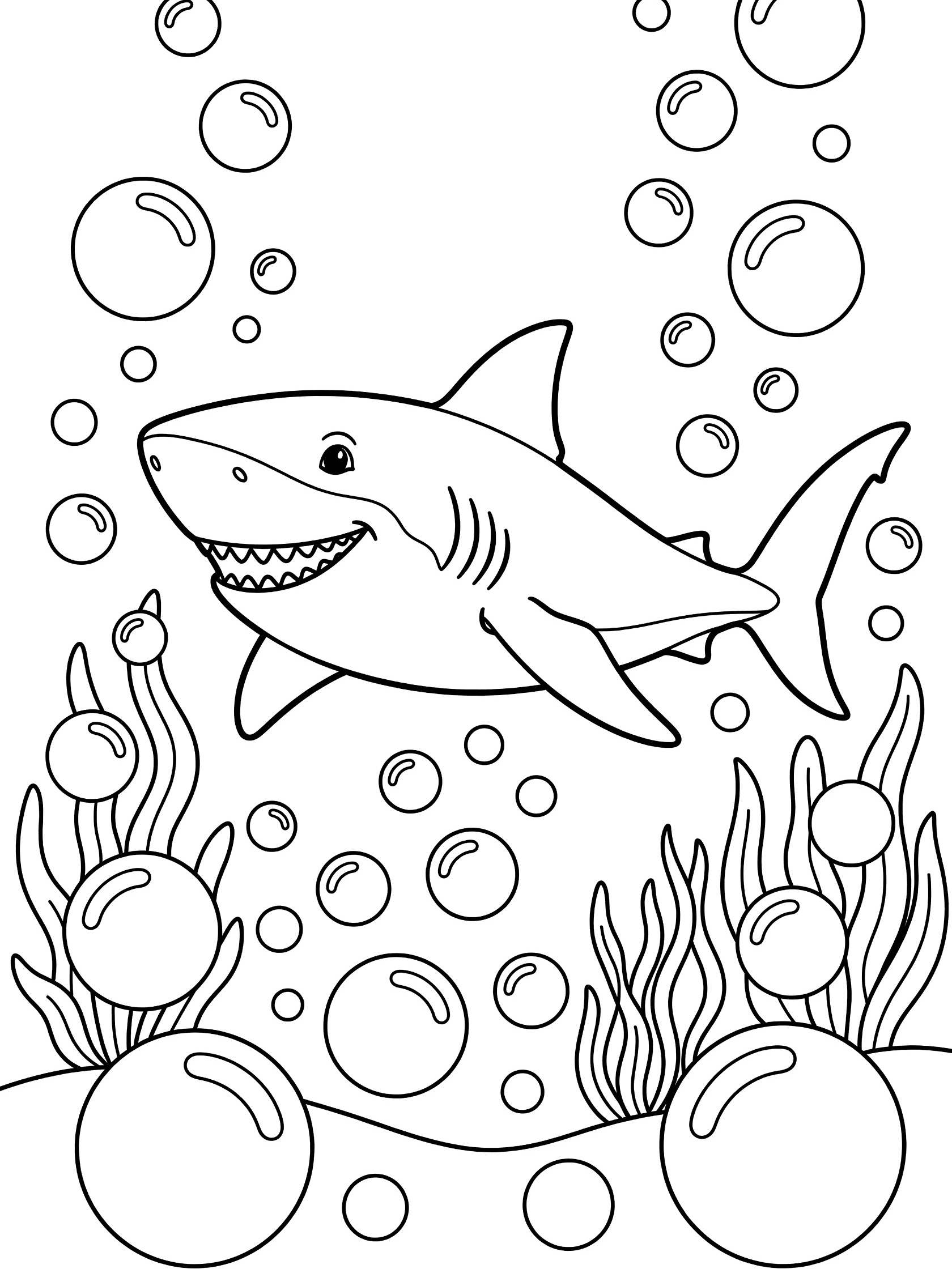 Black and white line art coloring page showing a friendly shark with big smile, open mouth with teeth, swimming fins, surrounded by round bubbles and wavy seaweed stems.