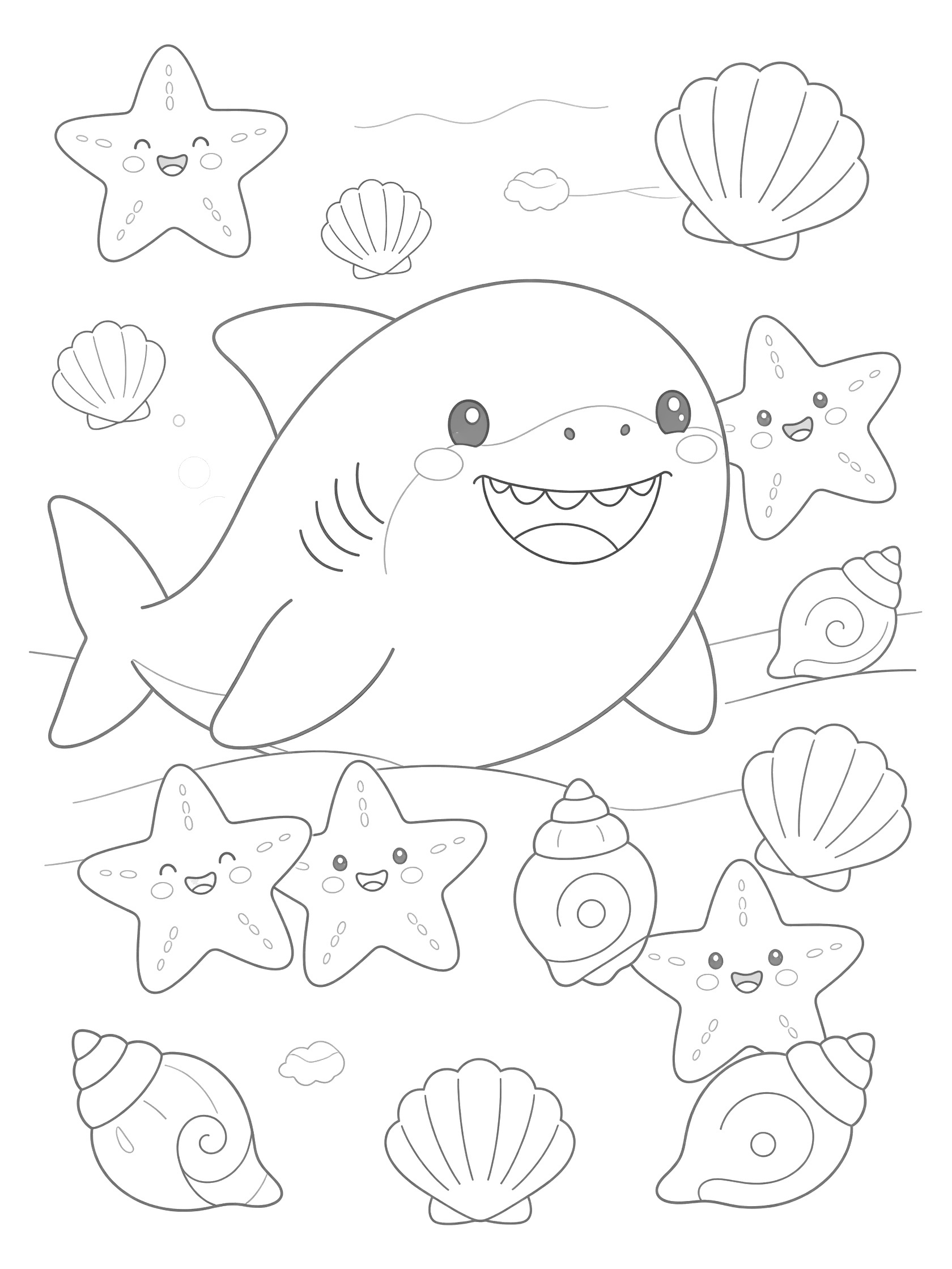 Black and white line art coloring page showing a chubby kawaii shark smiling with open mouth, surrounded by happy starfish and various seashells