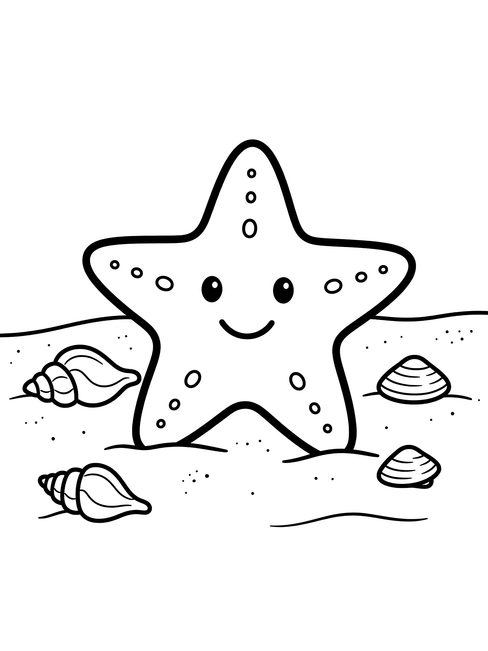 Printable coloring page showing a cute starfish with smiling face and eyes sitting on sandy ocean floor with scattered seashells, bold black outlines on white background