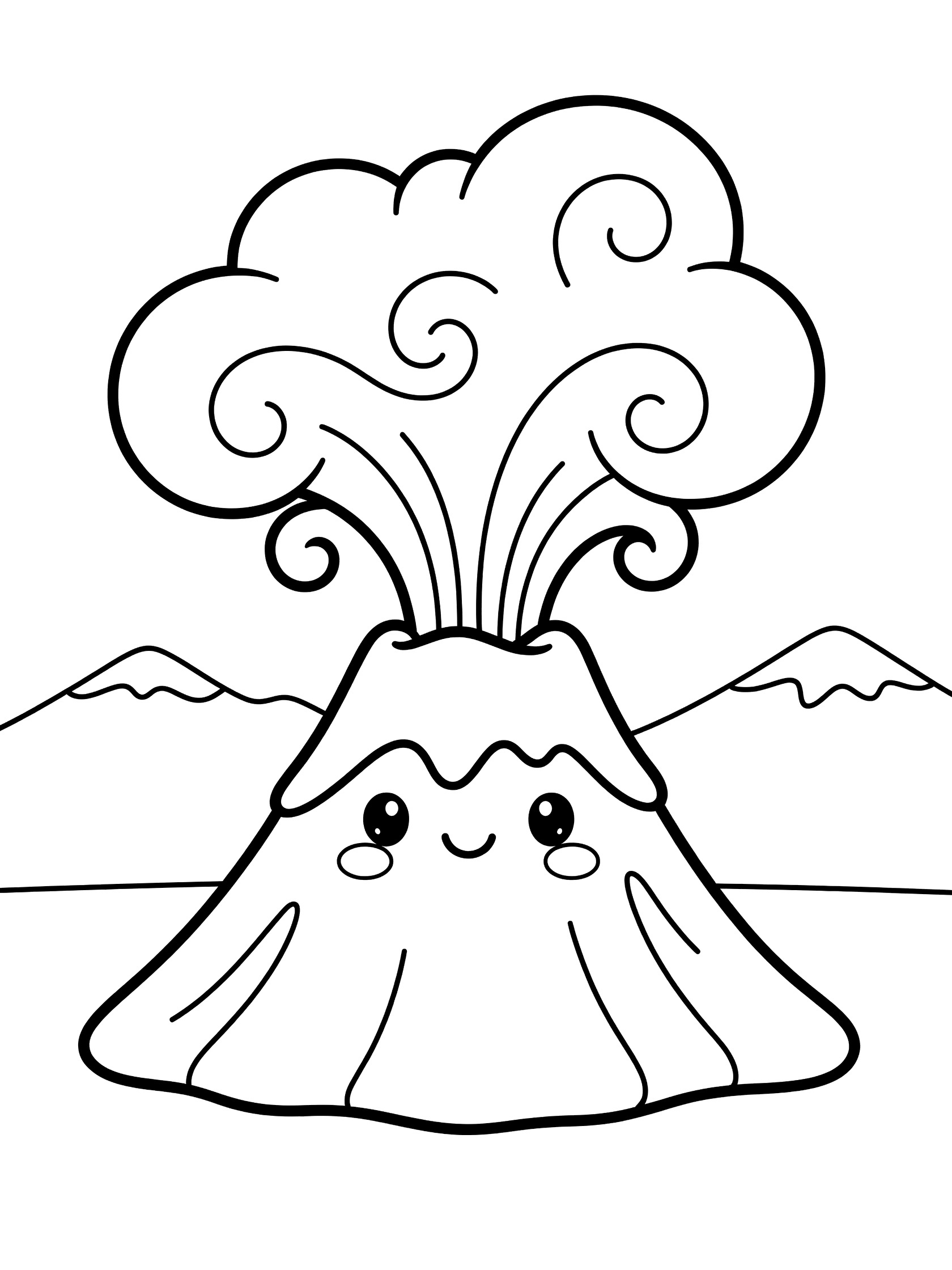 Black and white line art coloring page showing a cute kawaii volcano with happy eyes and smile, puffing out a large swirling ash cloud, and simple mountains in the background.