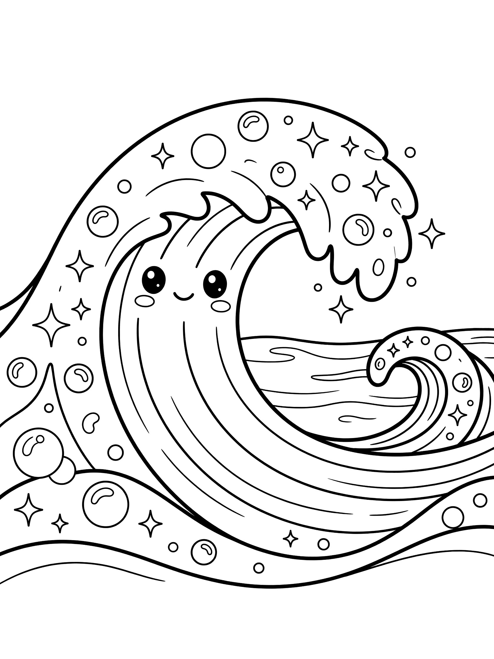 Black and white line art coloring page showing a kawaii style smiling ocean wave curling with foam, bubbles, and sparkles. Tsunami themed black and white printable line art