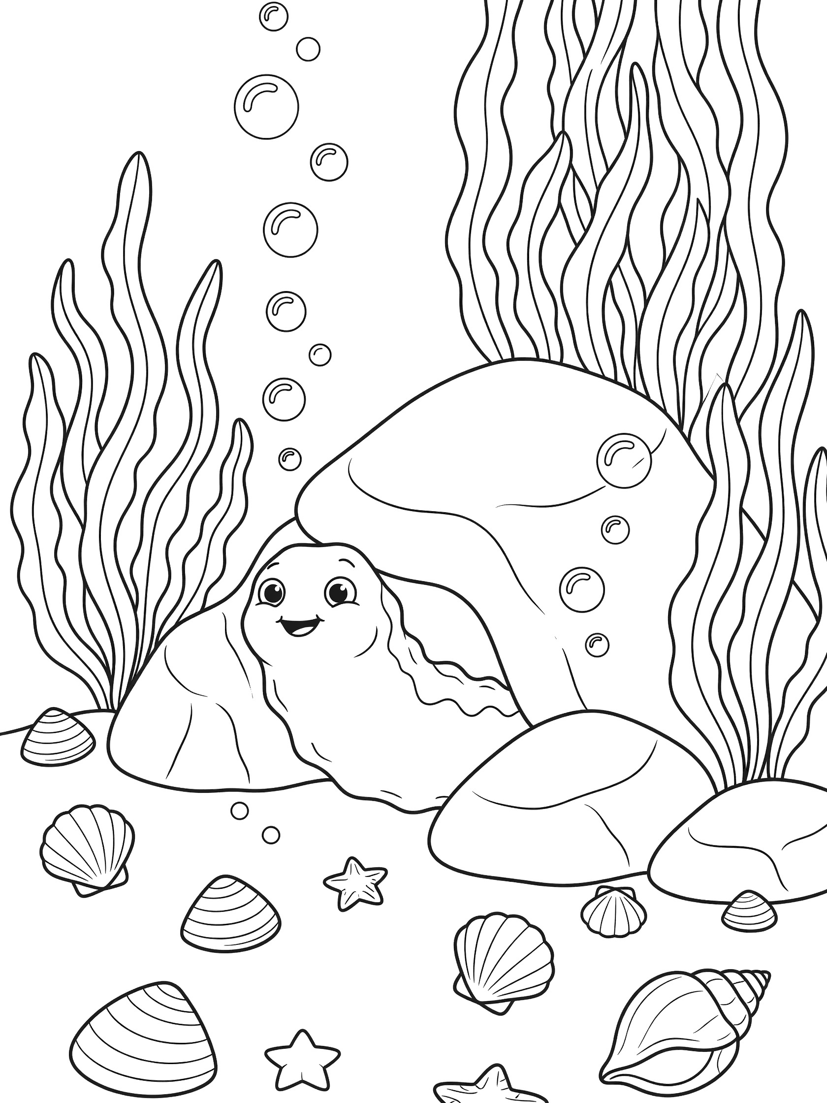 Black and white line art coloring page showing a cute snail with smiling face peeking out from a large rock surrounded by seaweed, bubbles, scattered shells, and small stars on ocean floor. Sea Cucumber themed black and white printable line art