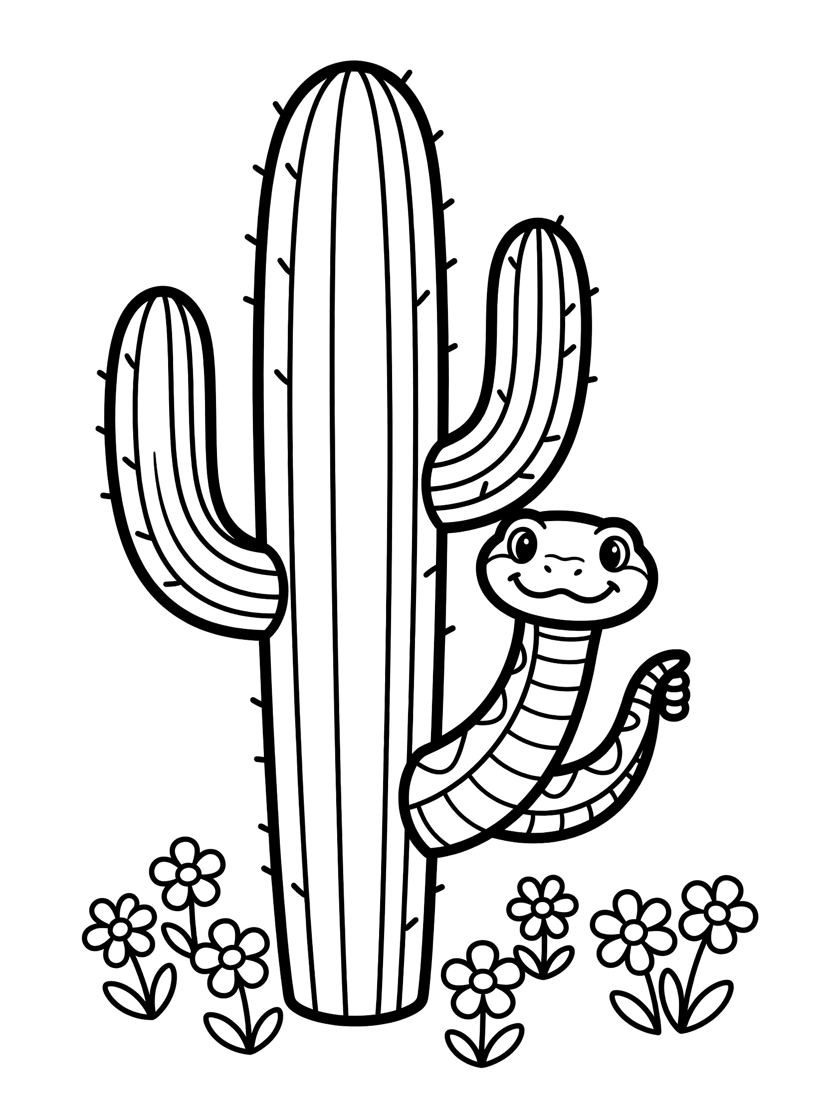 Black and white line art coloring page showing a friendly rattlesnake peeking around a tall saguaro cactus with small flowers at the base