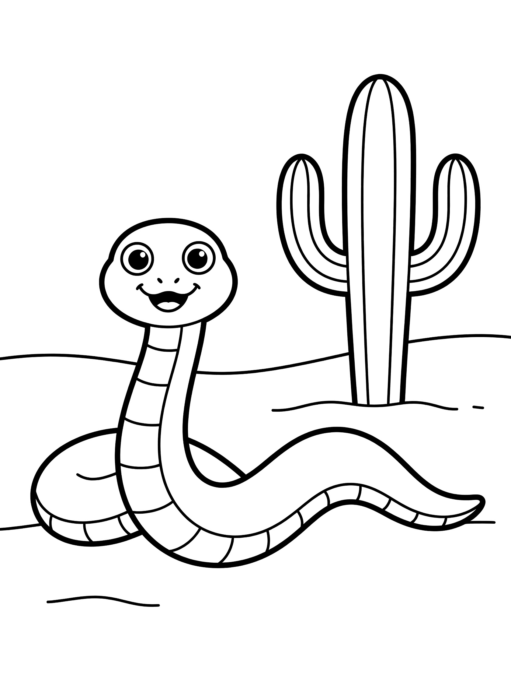 Black and white line drawing of a happy snake with big eyes coiled on sand next to a tall spiky cactus, cartoon style for coloring. Viper themed black and white printable line art