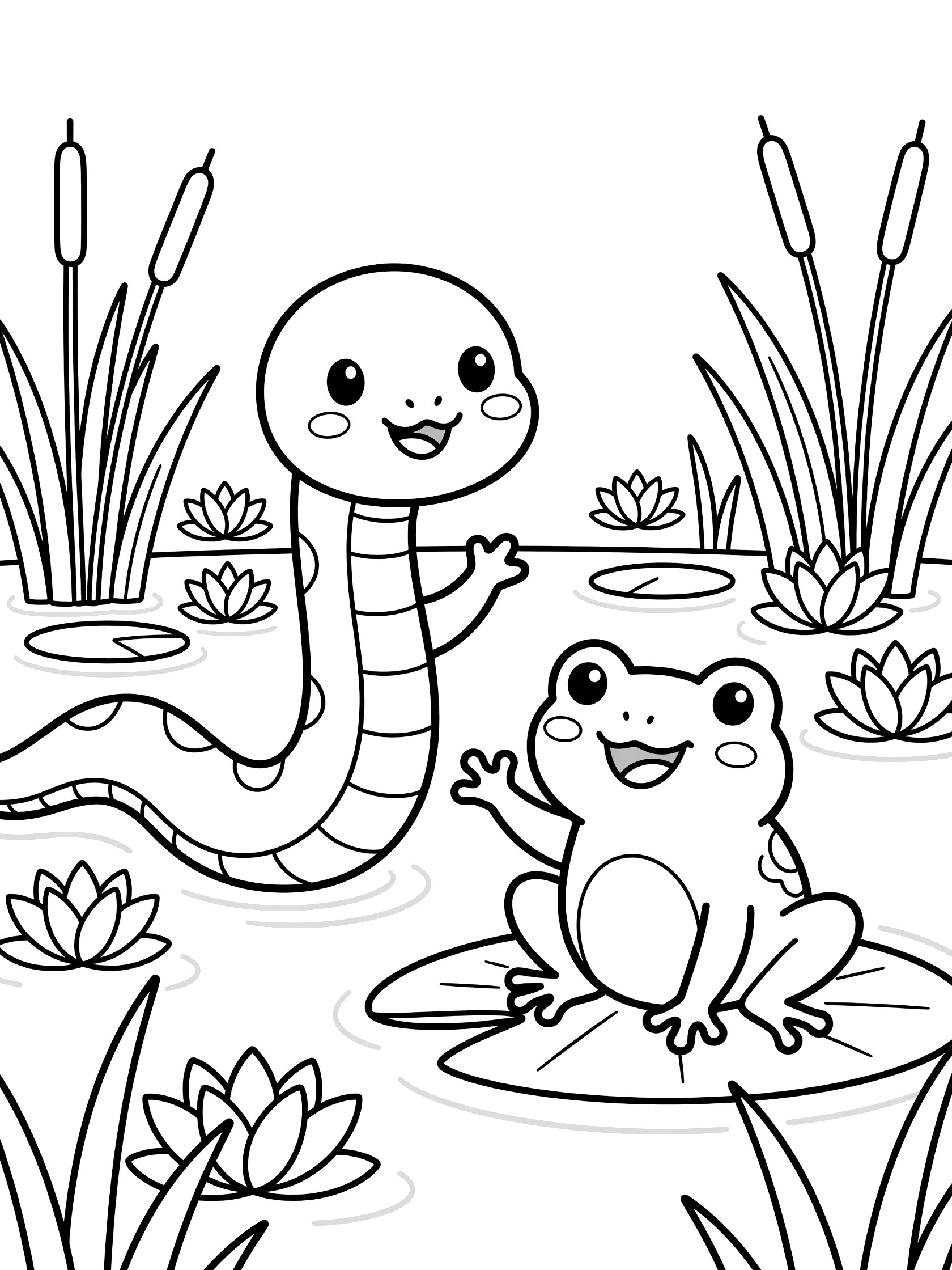 Black and white line art coloring page showing a cute snake with big eyes and smile waving next to a frog on a lily pad, surrounded by water lilies and tall reeds