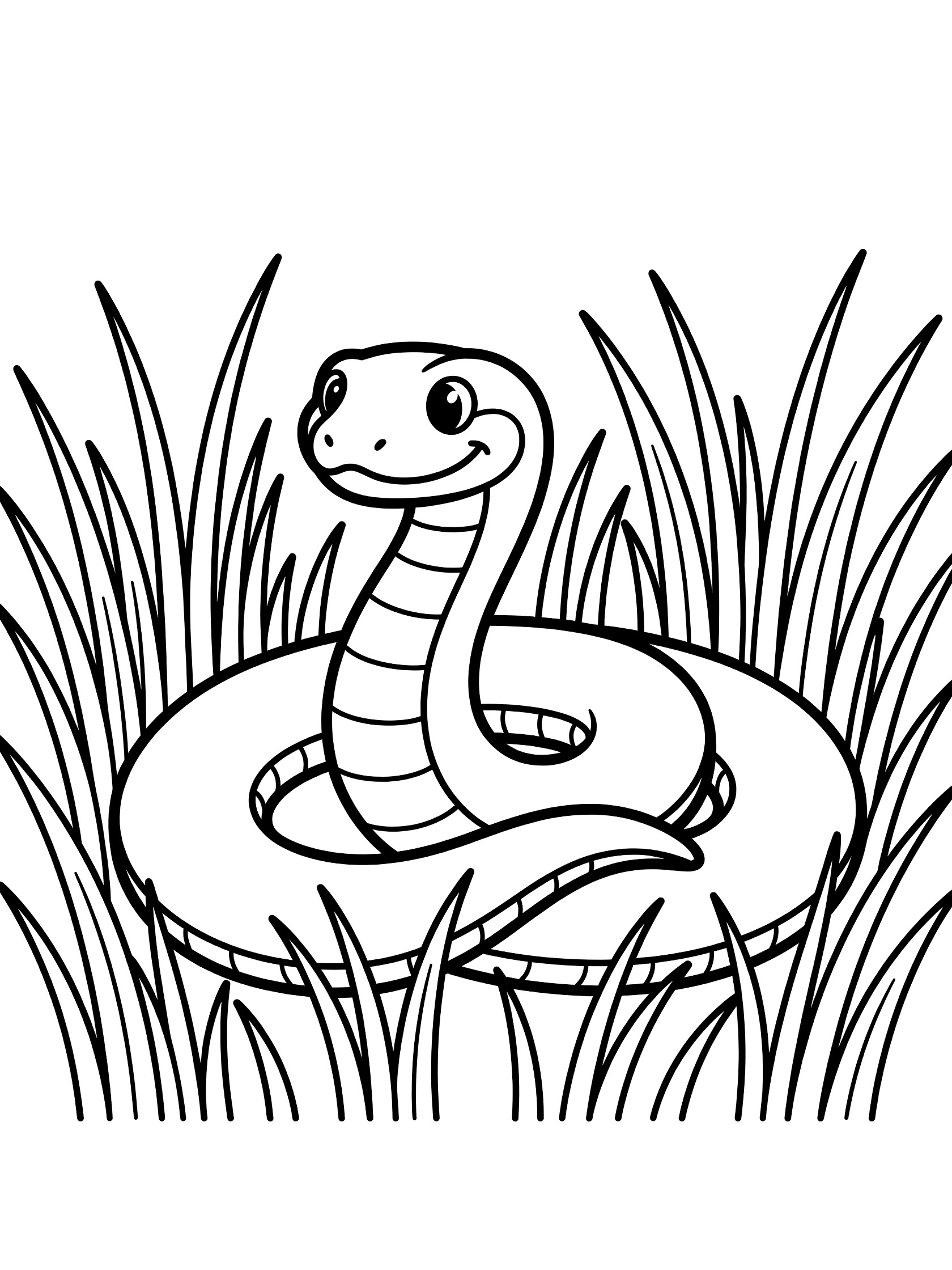 Black and white line art coloring page showing a cute snake with big eyes coiled in a spiral inside tall grass blades on white background. Viper themed black and white printable line art