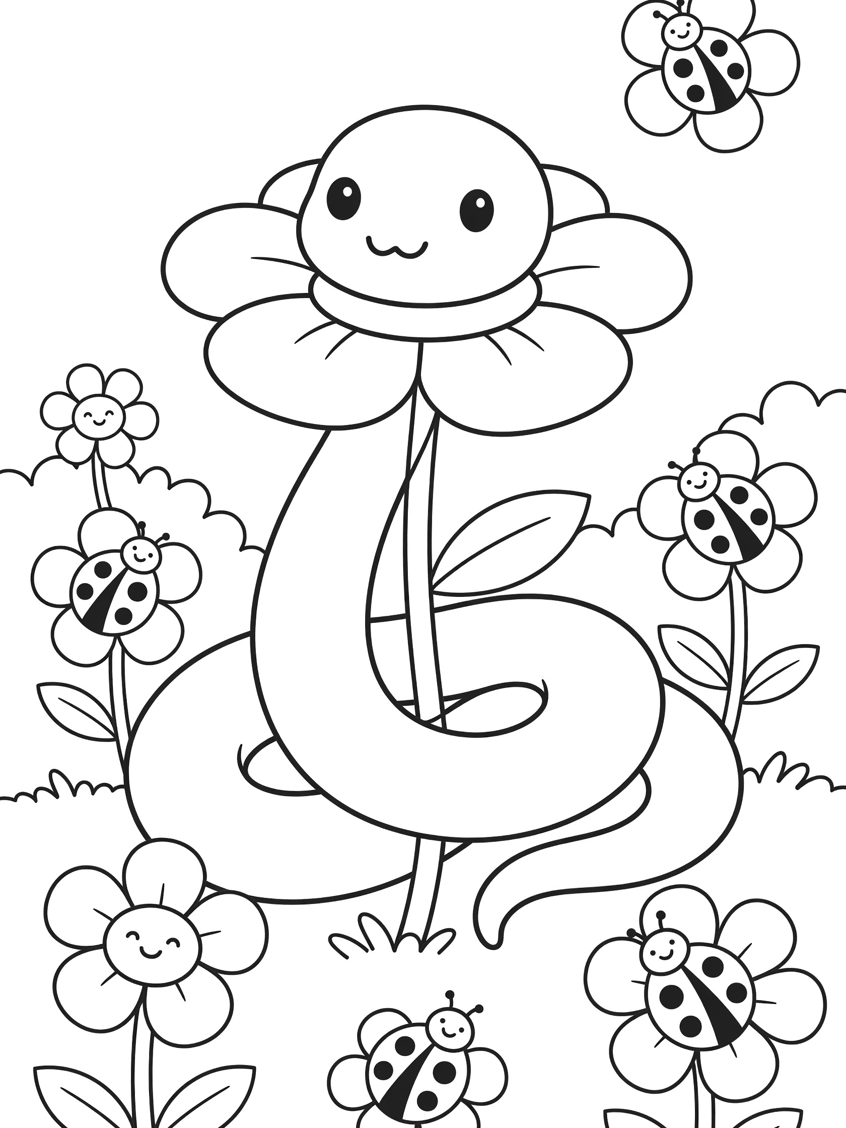 Black and white line art coloring page showing a happy snake with big eyes resting head on a large flower, surrounded by smaller flowers with faces and ladybugs.
