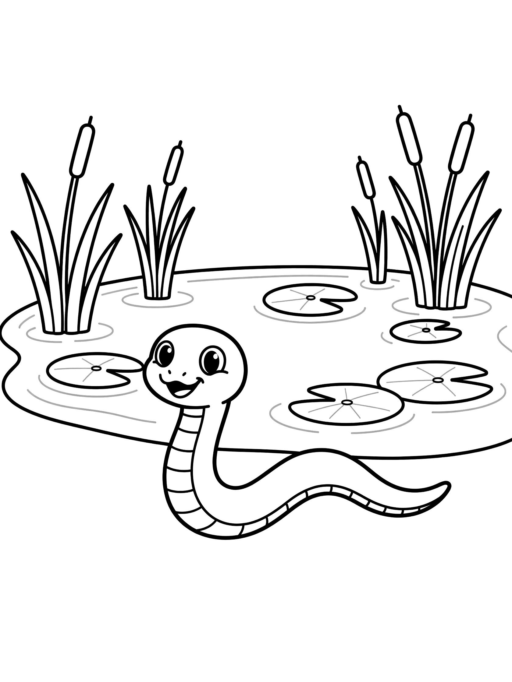 Black and white line art coloring page showing a cheerful cartoon snake with big eyes on a pond edge surrounded by lily pads and tall reeds. Viper themed black and white printable line art