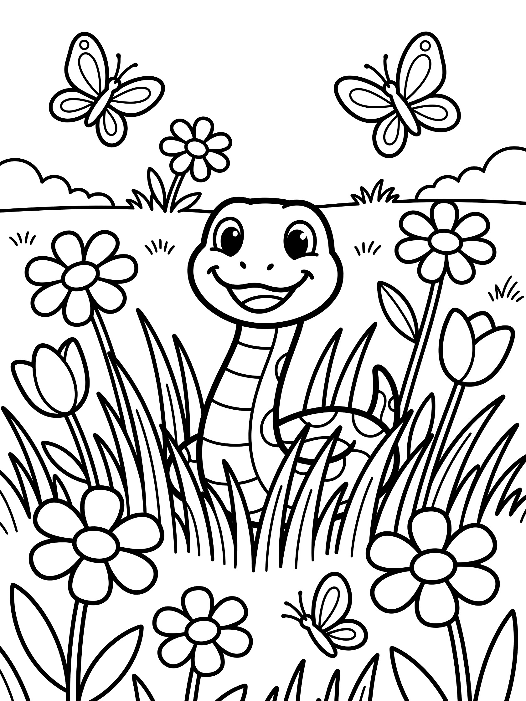 Black and white line art coloring page showing a cute snake with big eyes and smile peeking out from grass, surrounded by daisies, tulips, and butterflies