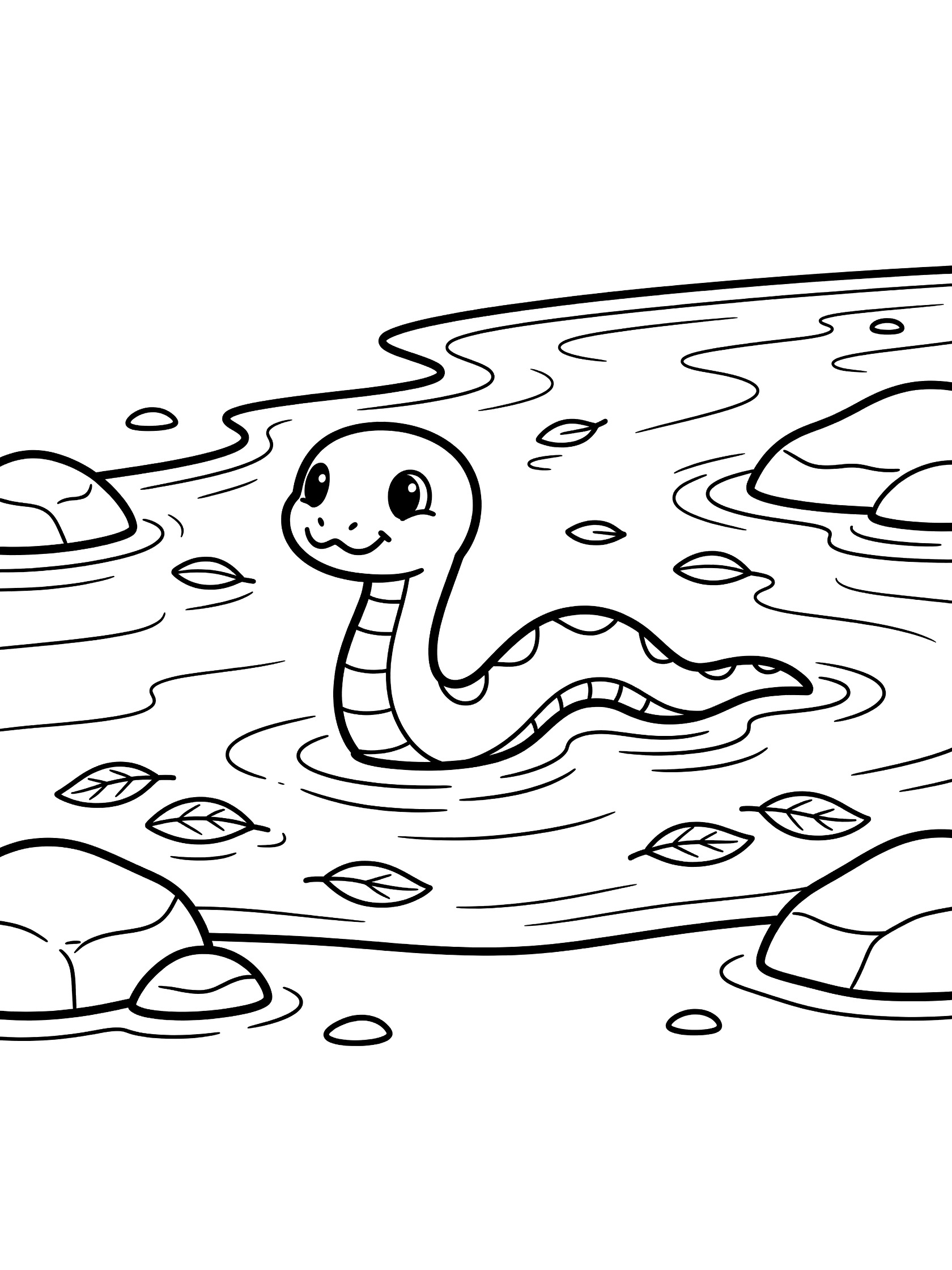 Black and white line art coloring page showing a happy cartoon snake swimming near river rocks with wavy water lines and floating leaves