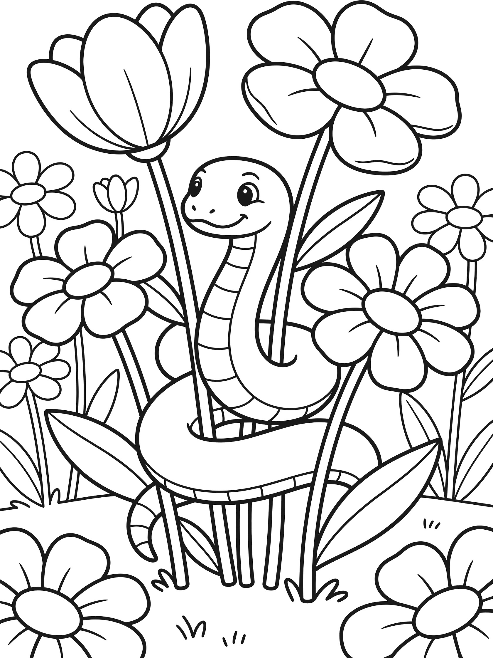 Black and white line art coloring page showing a smiling cartoon snake coiled around large flowers with stems and leaves on white background. Python themed black and white printable line art