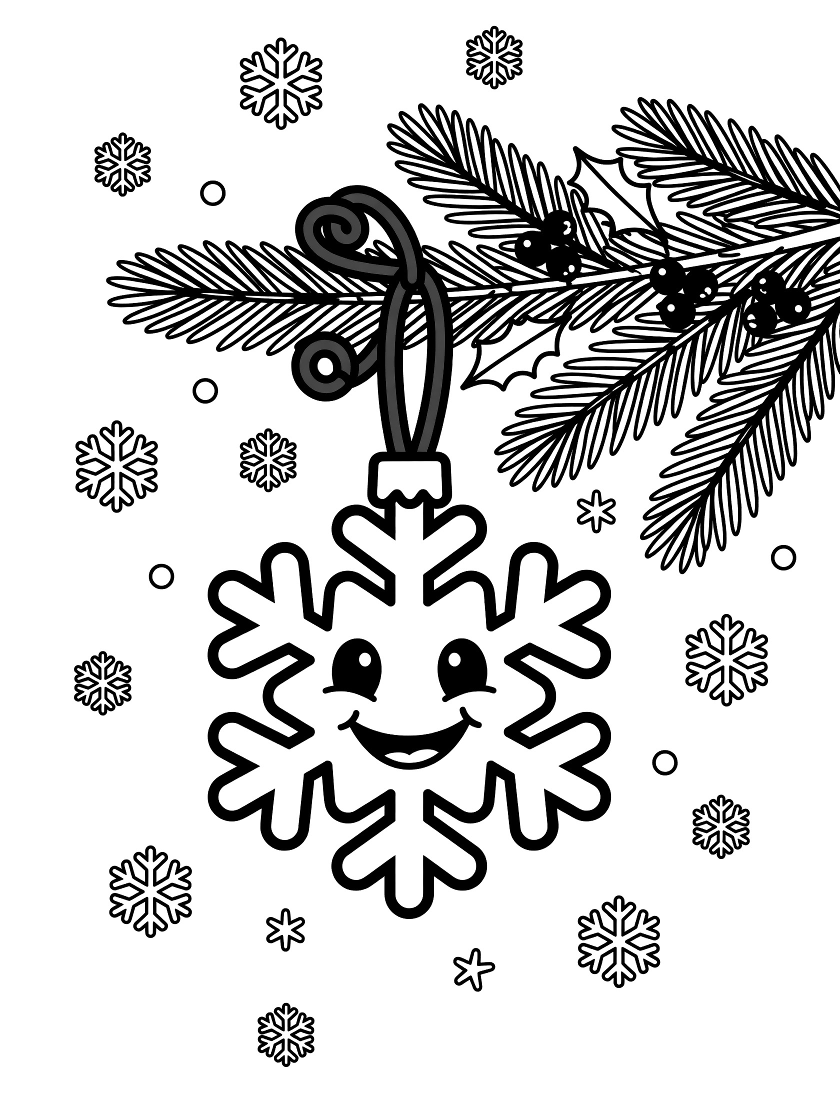 Cute cartoon snowflake ornament coloring page with happy face, hanging from curly ribbon on pine tree branch with holly berries and snowflakes
