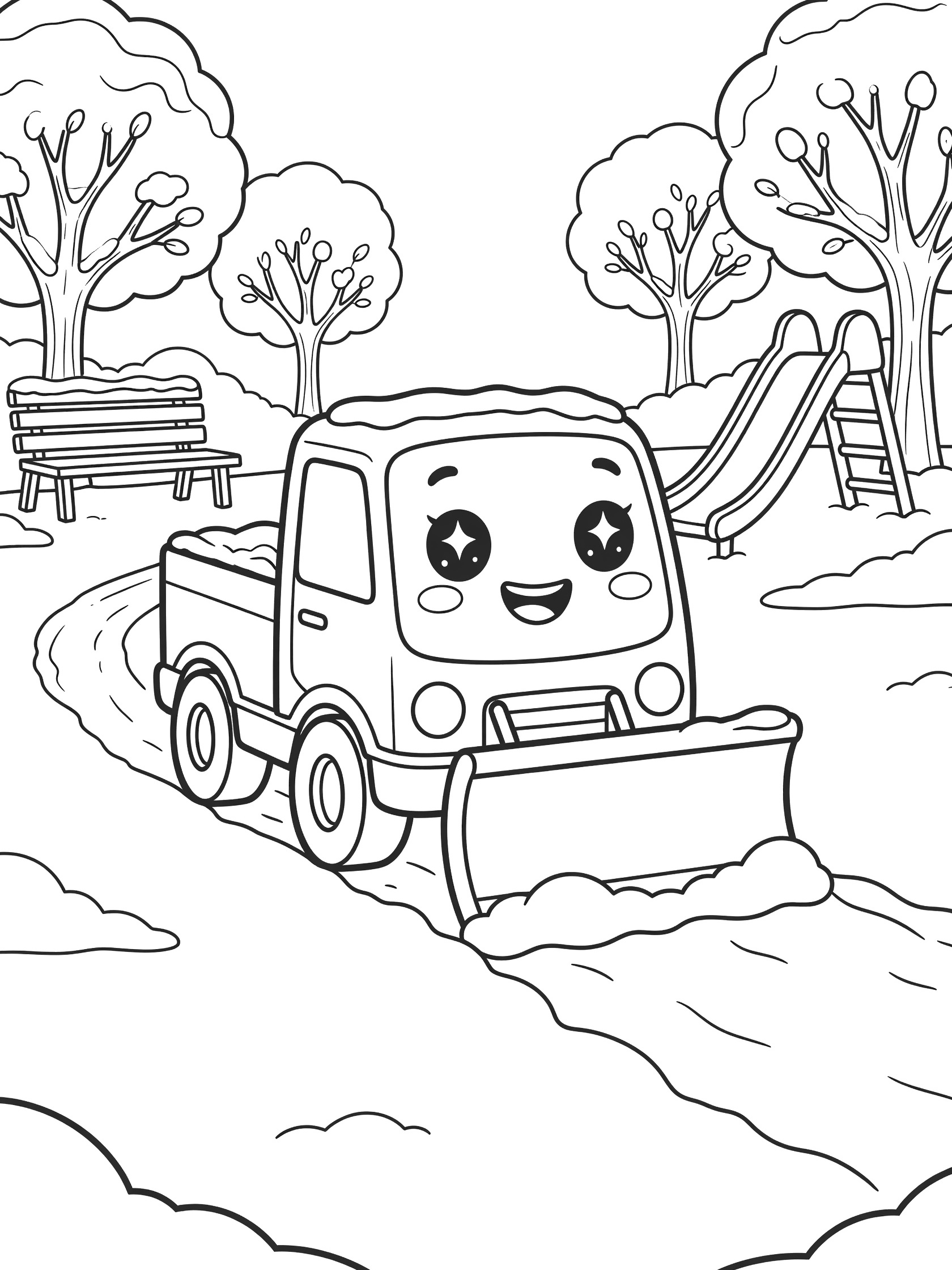 Black and white coloring page of a cute snowplow truck with big eyes and smile plowing a path through snow at a park with trees, bench, and slide.