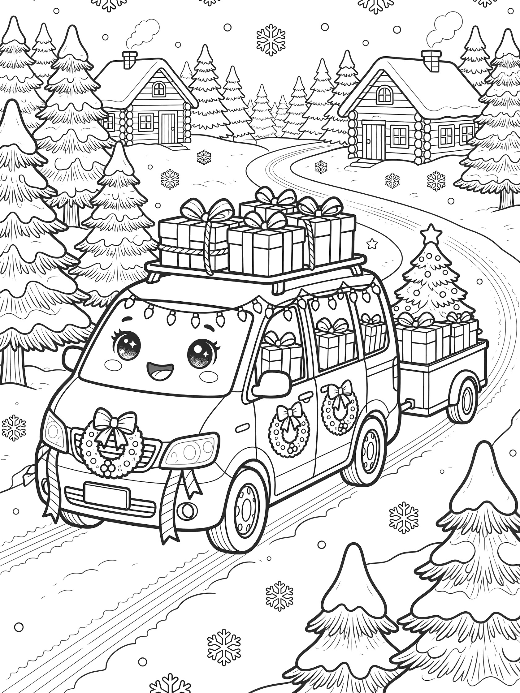 Black-and-white coloring page of a cute minivan with big eyes and smile, decorated for holidays, loaded with presents, driving on snowy road with forest and cabins.
