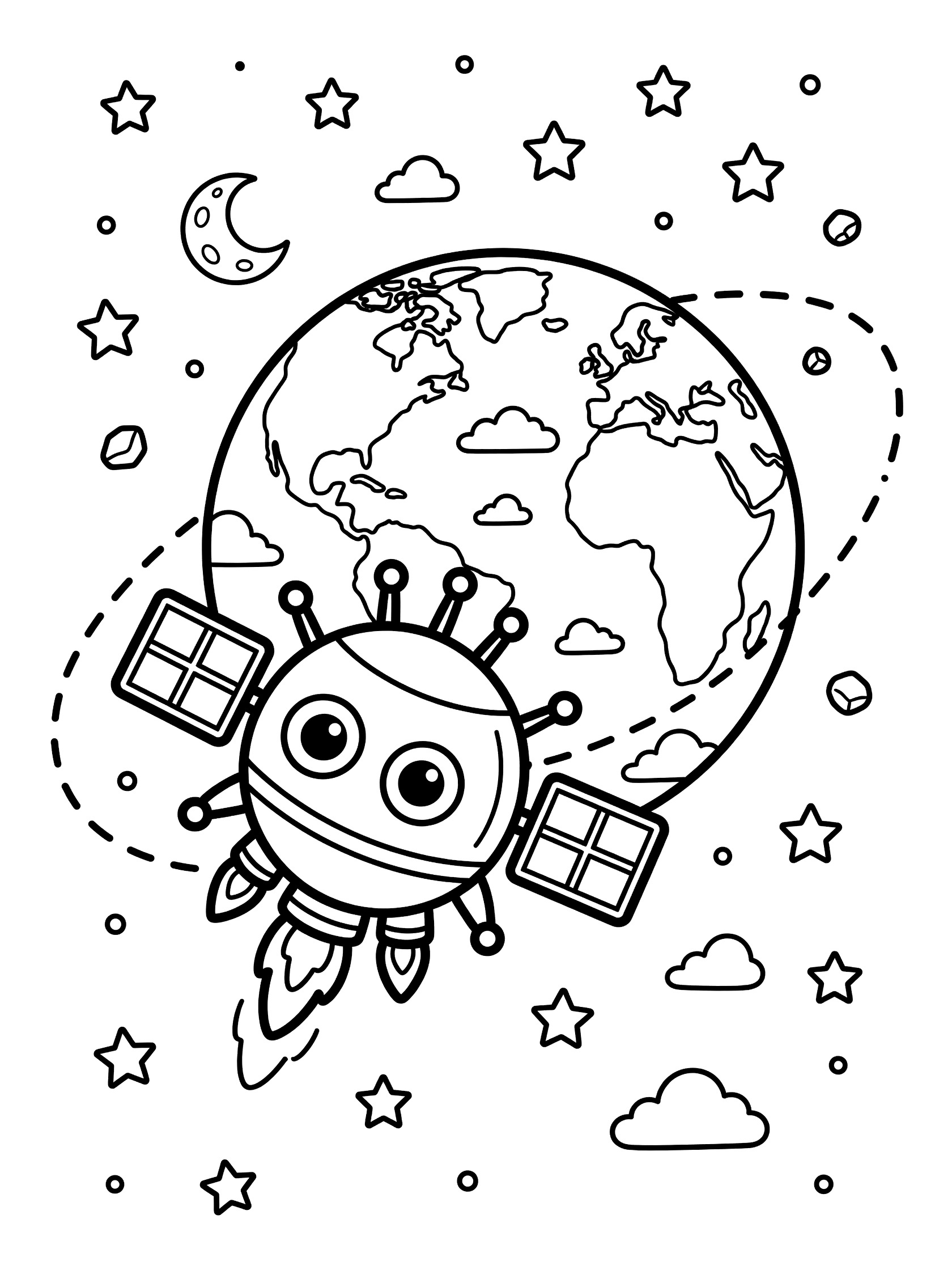 Black and white line art coloring page showing a friendly space capsule with big eyes, solar panels, antennas, and thrusters orbiting a simple Earth with continents, oceans, clouds, stars, moon, and space debris.