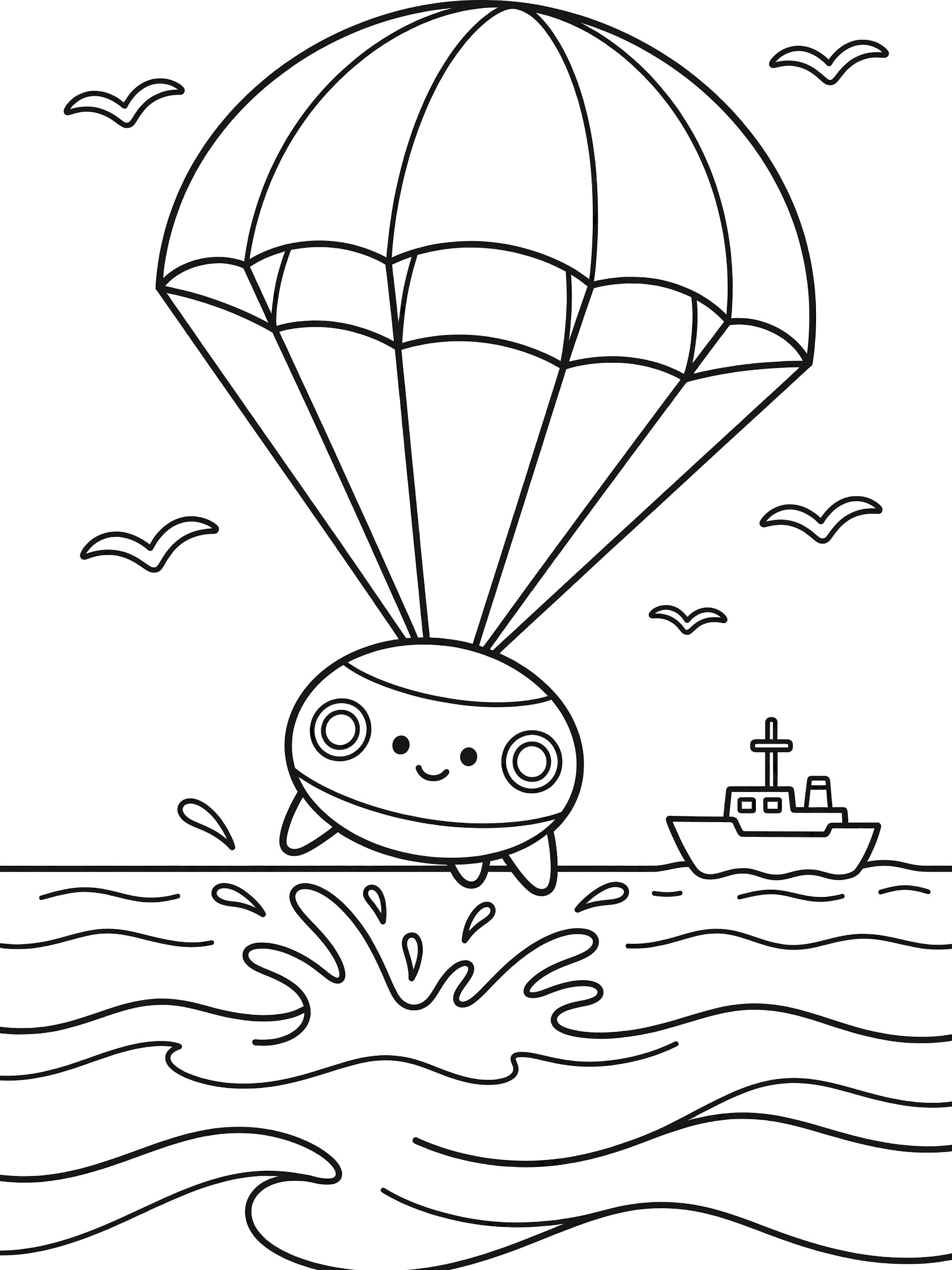 Black-and-white line art of a smiling space capsule with parachute floating down to wavy ocean waters near a ship and circling seagulls.