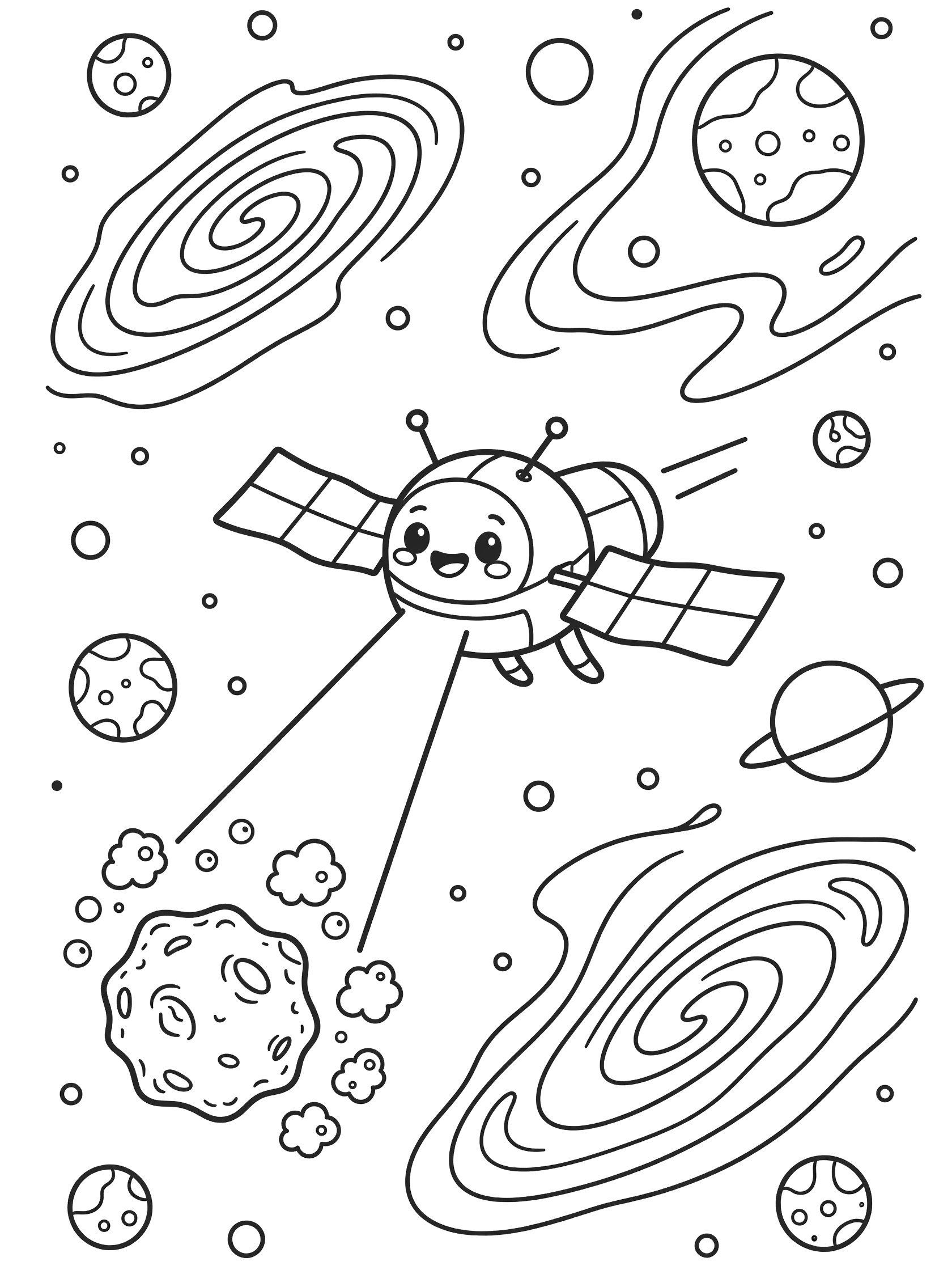 Whimsical line art coloring page showing a happy space probe with floppy solar panels and antennas flying in starry space, shining a light ray on a bumpy asteroid with space dust.