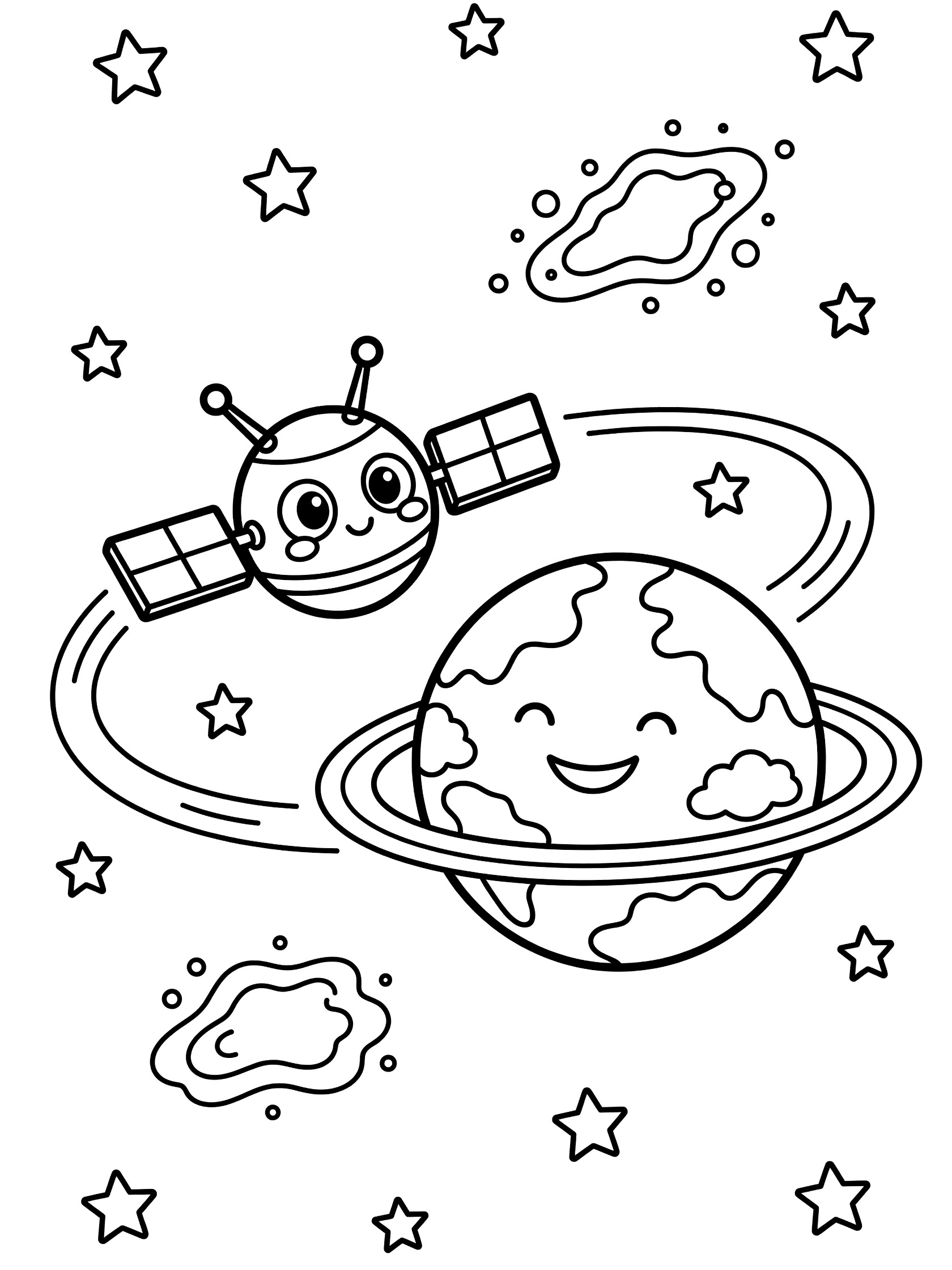 Cute cartoon space probe with friendly eyes, perky antennas, and solar panels orbiting a round smiling planet with ringlets, clouds, and stars in a space scene coloring page