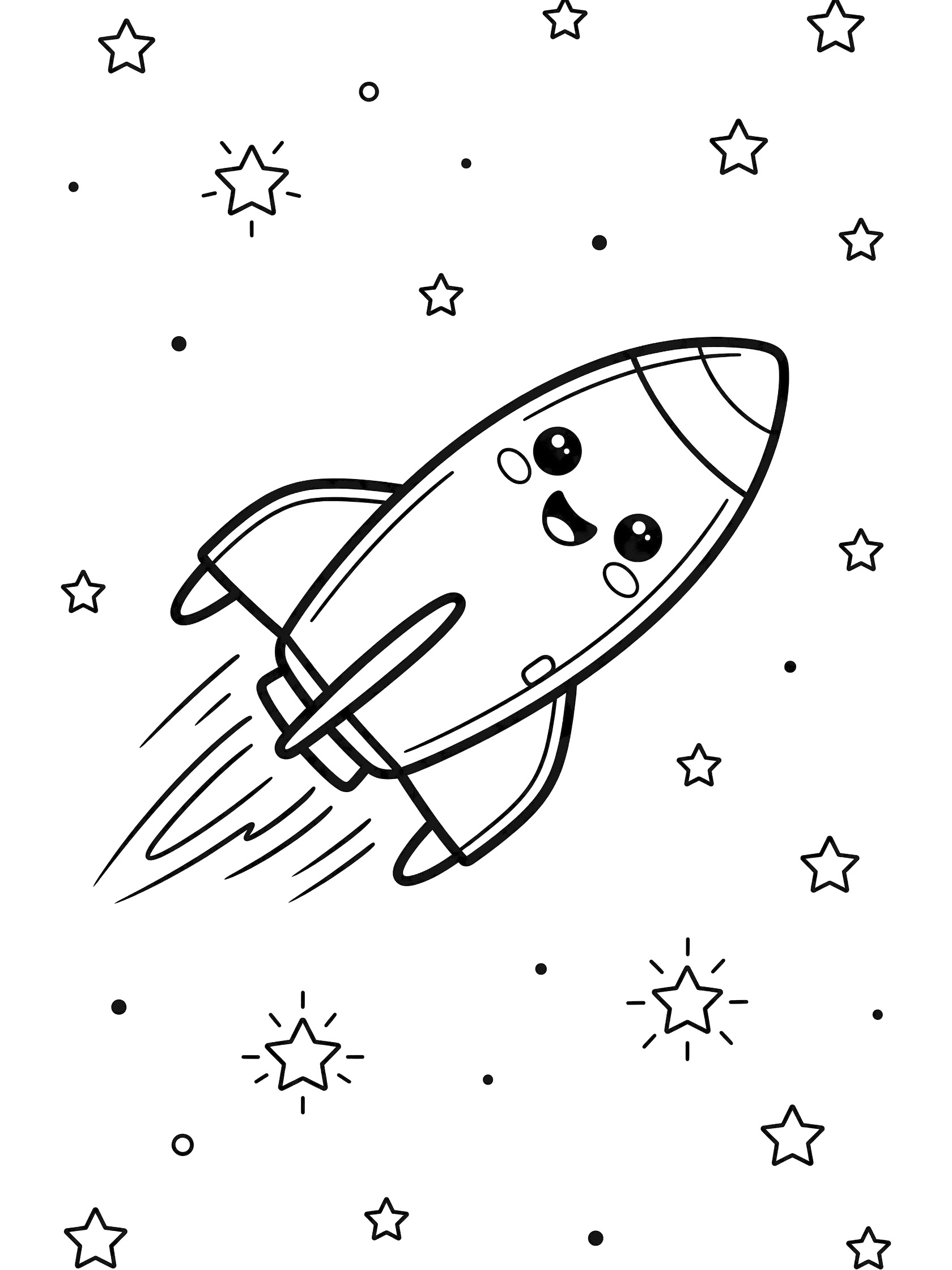 Kawaii space shuttle with round eyes, rosy cheeks outline, and smile flying dynamically amid twinkling stars in simple line art coloring page