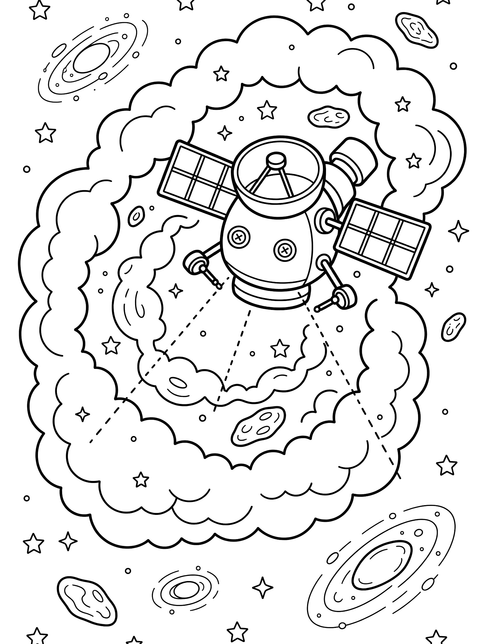 Cute cartoon space telescope coloring page showing it aiming at a puffy nebula with stars, distant galaxies, and floating asteroids in outer space.