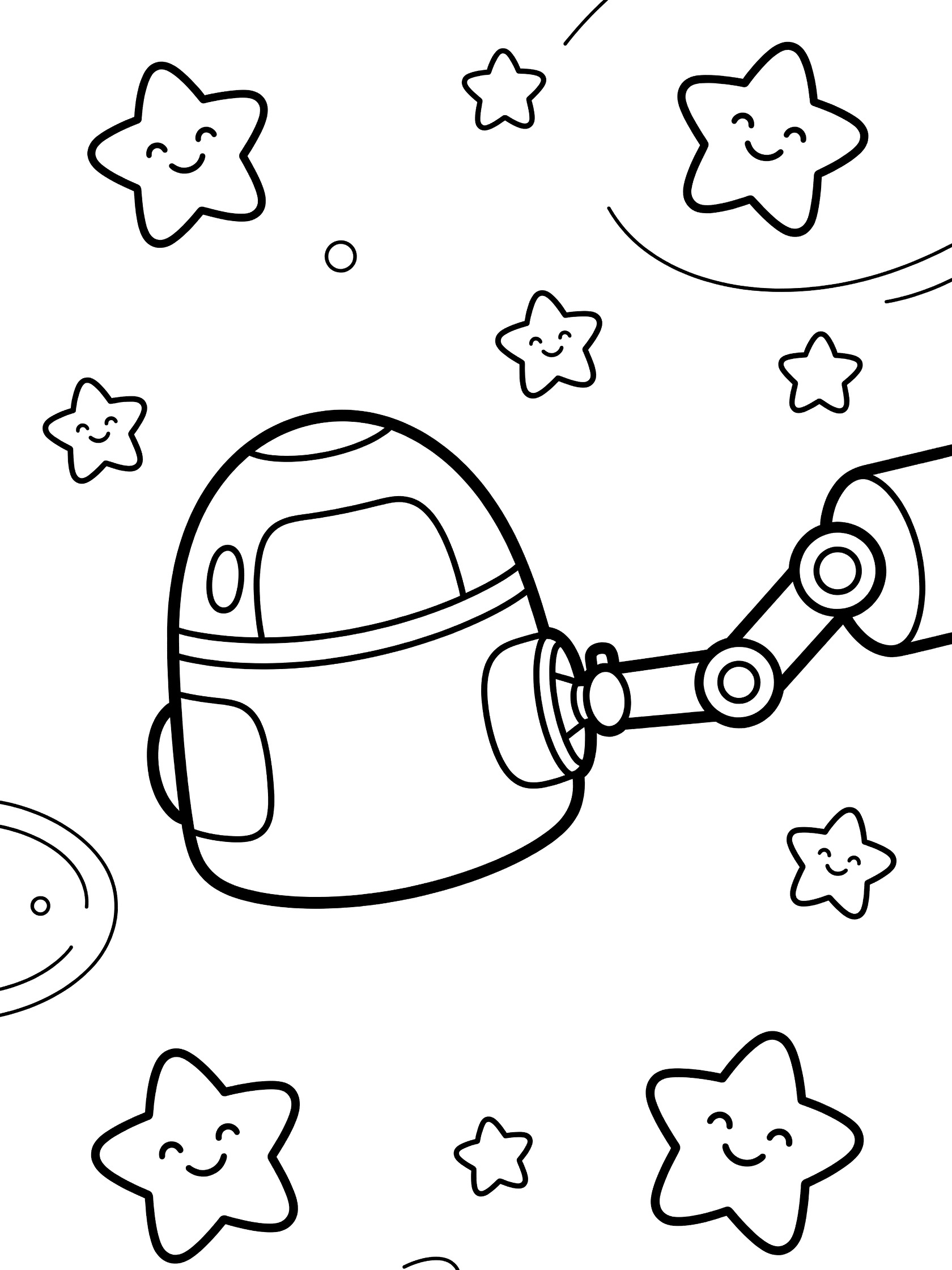Black and white line art coloring page showing a cute crew module spacecraft with rounded body and windows docked to a simple robotic arm on a space station, with many smiling stars floating around in space.