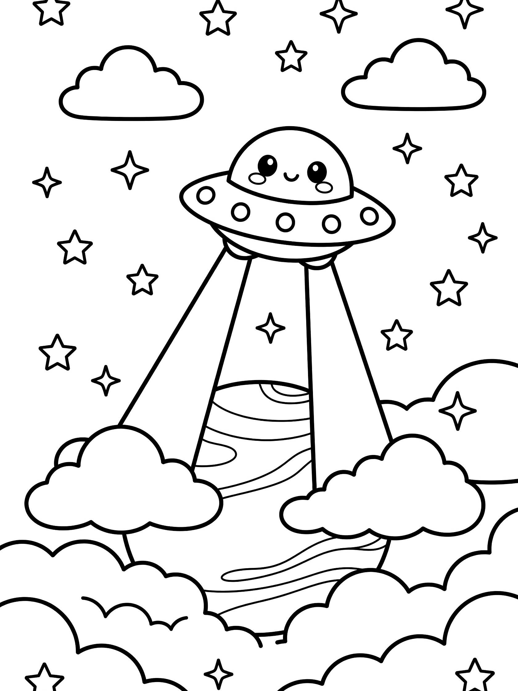 Black and white coloring page showing adorable UFO spaceship with happy face scanning layered clouds over Venus planet surrounded by stars