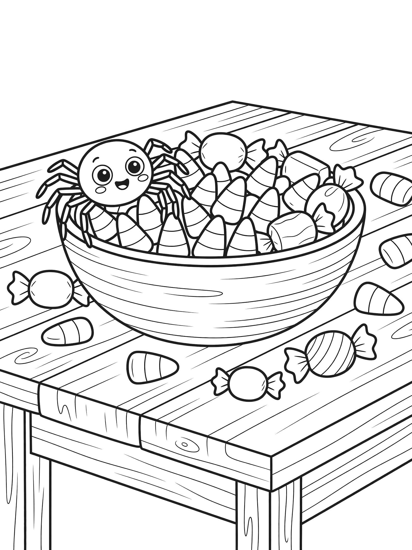 Kawaii spider excitedly crawling over a large bowl overflowing with candy corn and sweets on a wooden table, simple line art coloring page